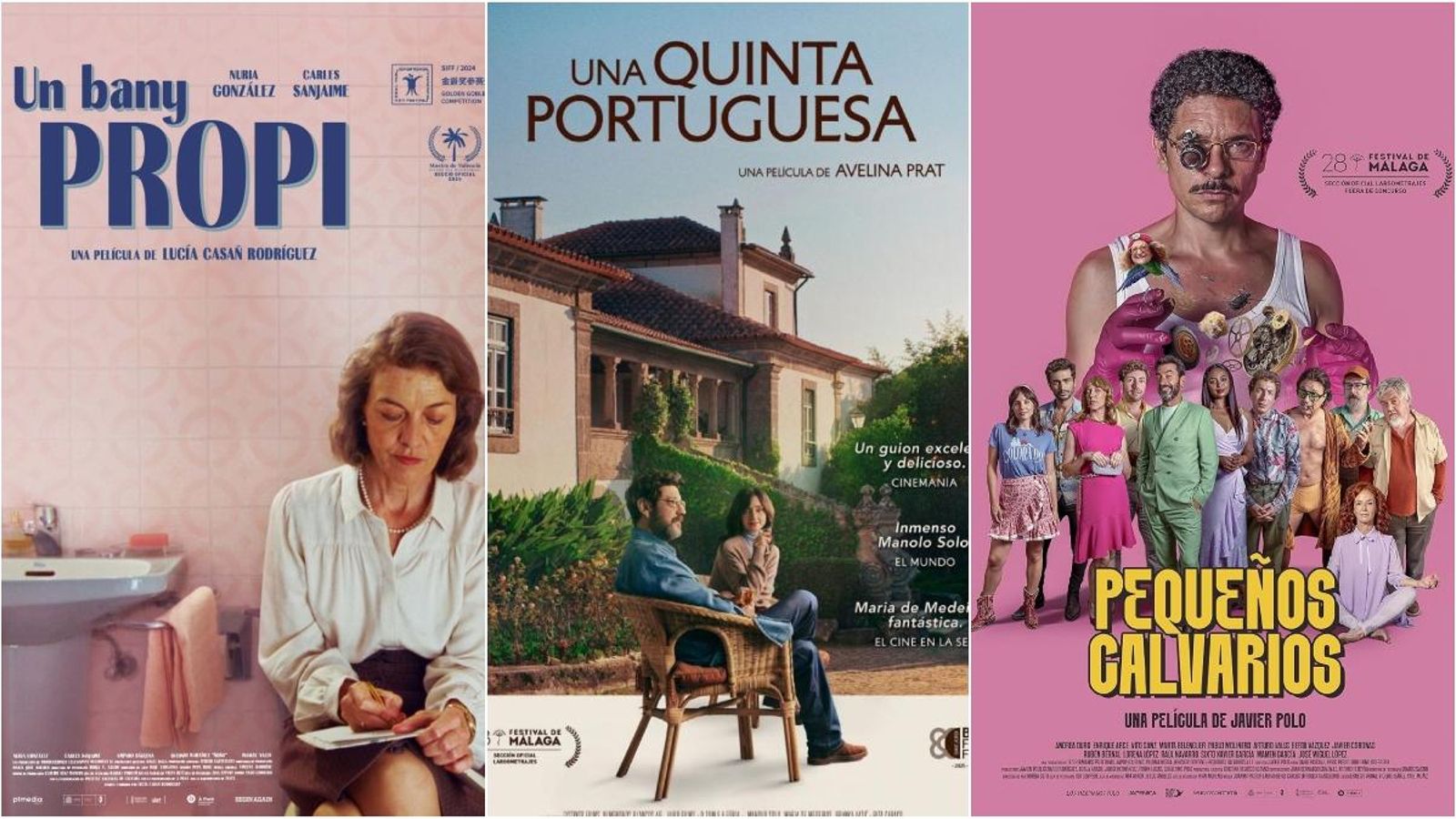 Cartells dels llargmetratges 'Un bany propi', 'Una quinta portuguesa' i 'Pequeños calvarios'