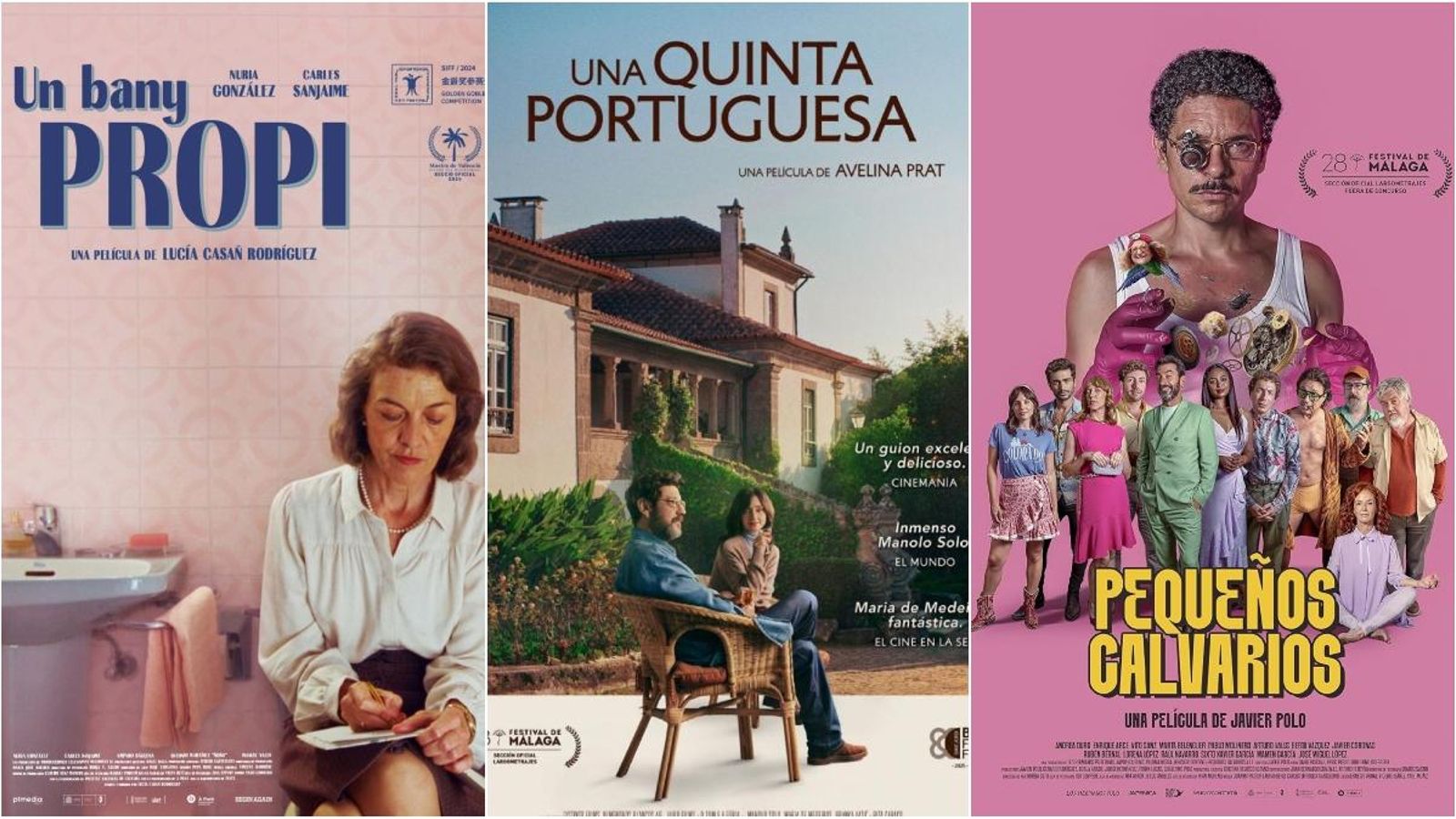 Cartells dels llargmetratges 'Un bany propi', 'Una quinta portuguesa' i 'Pequeños calvarios' Cartells dels llargmetratges 'Un bany propi', 'Una quinta portuguesa' i 'Pequeños calvarios'