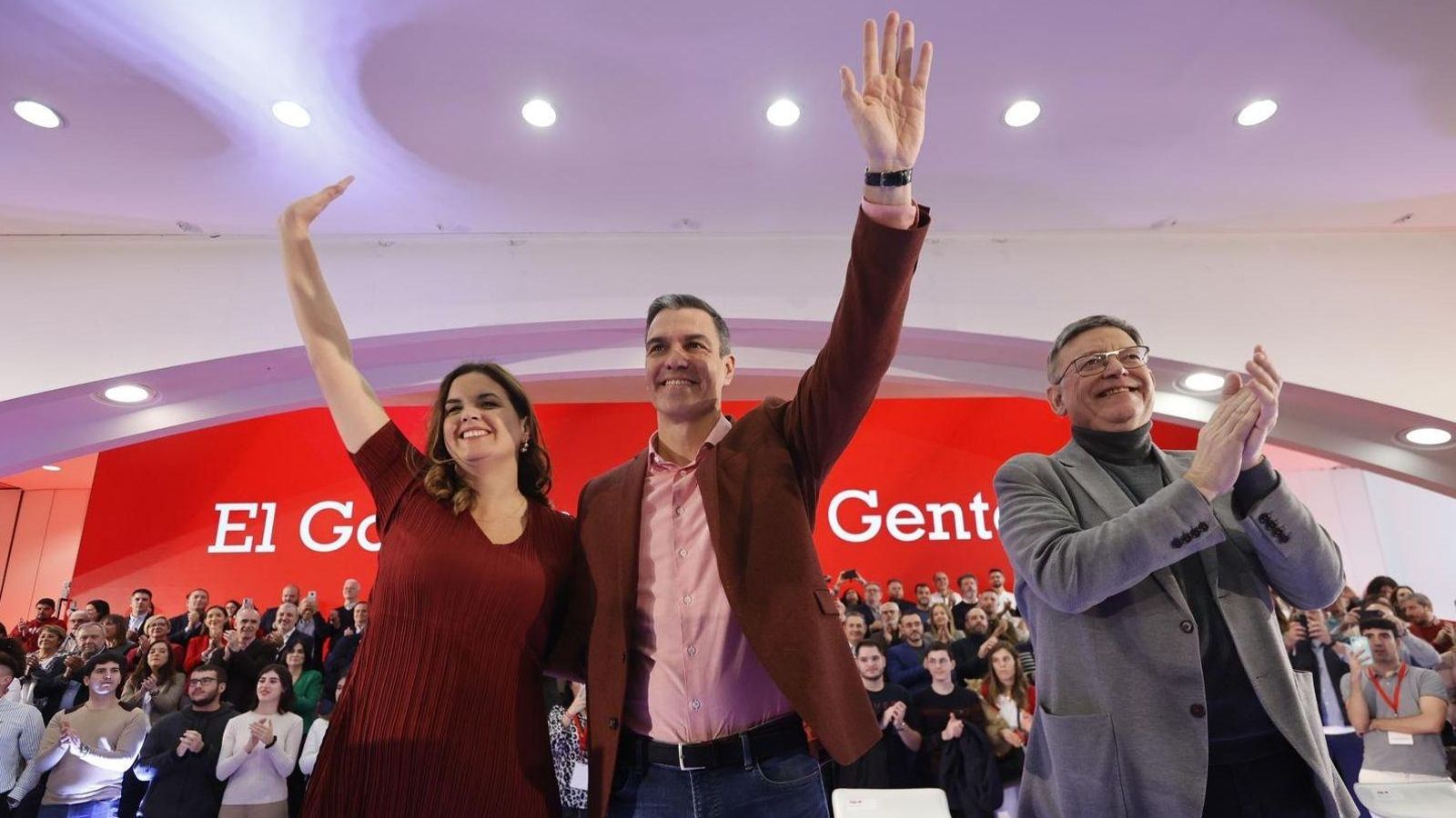 Sándra Gómez, Pedro Sánchez i Ximo Puig aquest dissabte a València