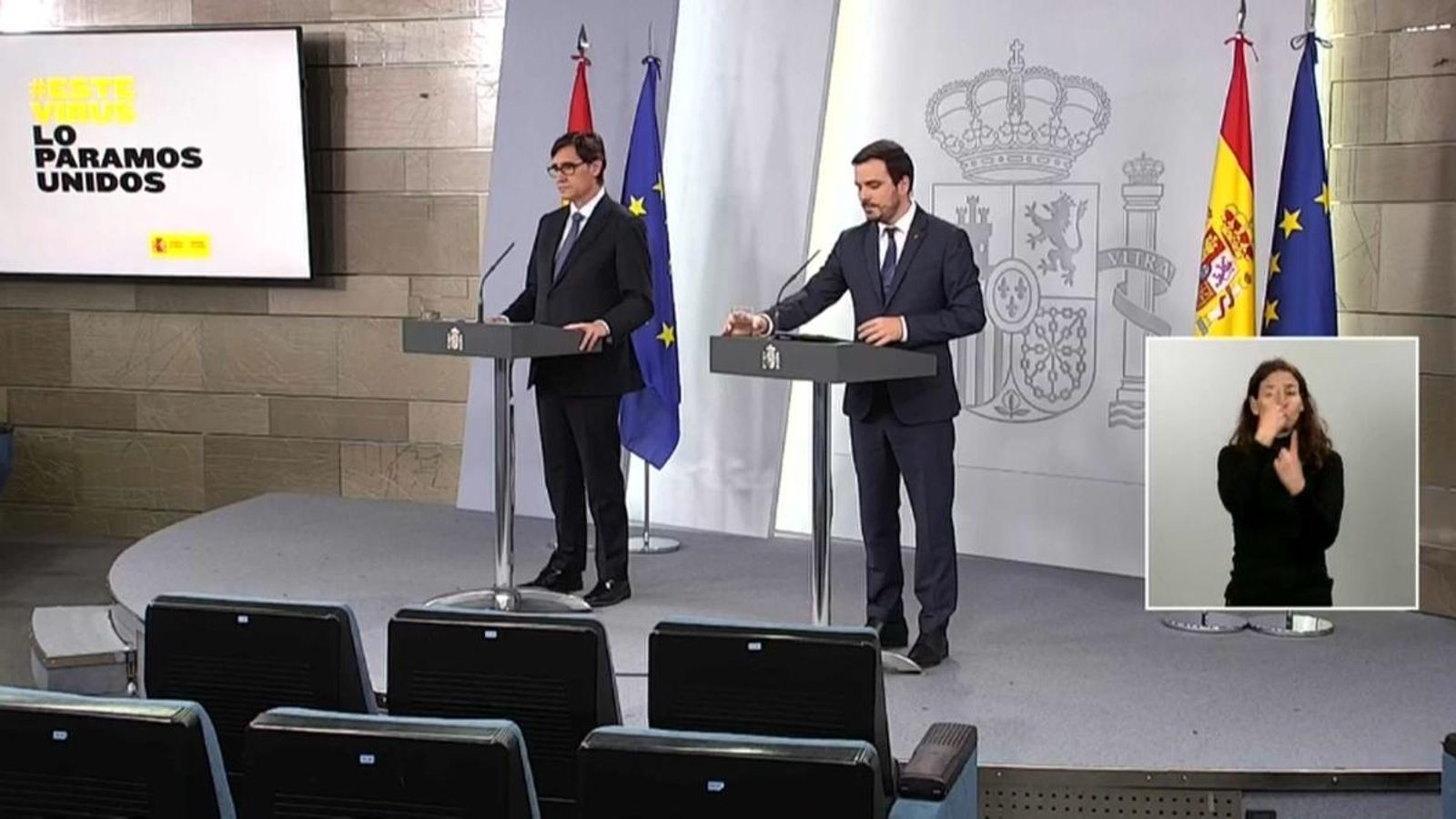 El ministre de Sanitat, Salvador Illa, i el ministre de Consum, Alberto Garzón, aquest dimecres