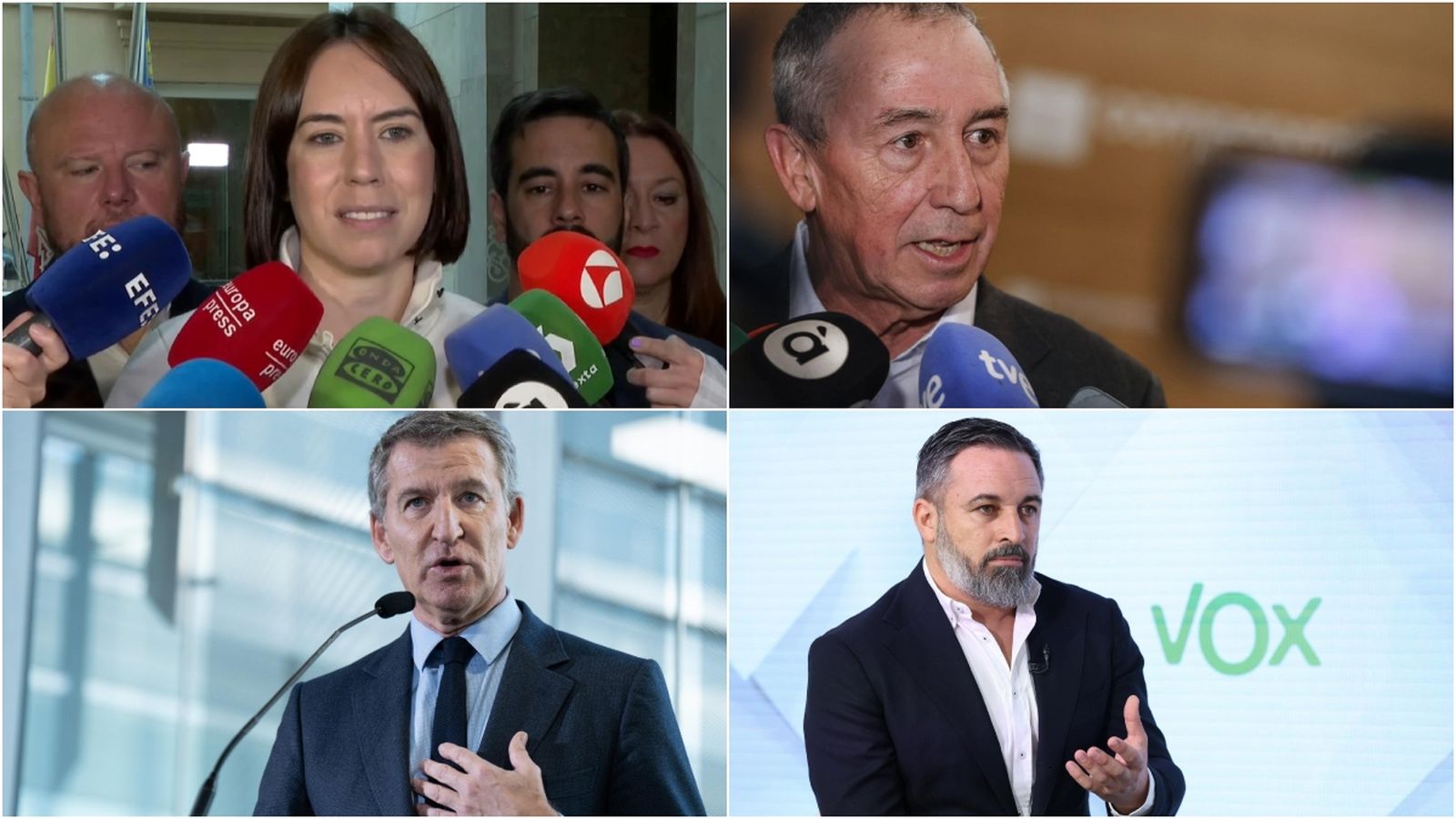 Diana Morant, Joan Baldoví, Alberto Núñez Feijóo i Santiago Abascal, en imatges d'arxiu