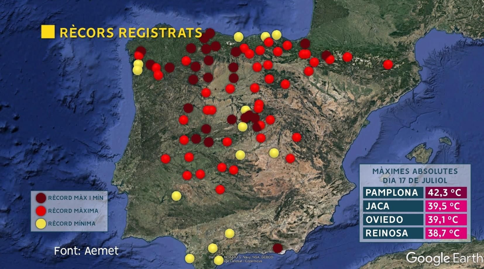 Rècords registrats a la xarxa d'Aemet fins el 17 de juliol.