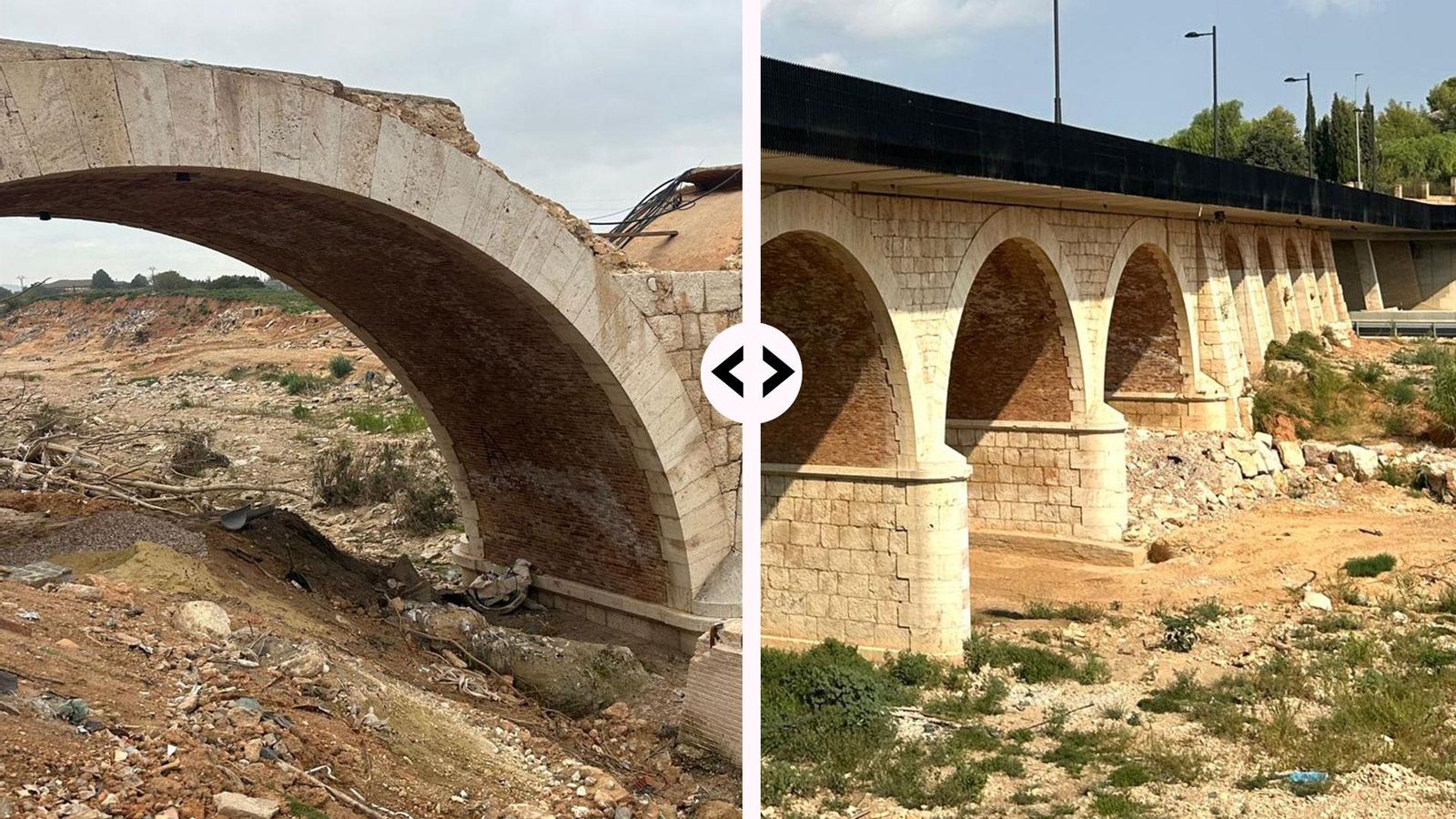 Abans i després del pont afectat pels efectes de la dana
