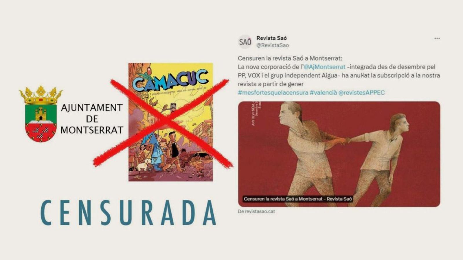 Captura dels missatges de X, l'antiga Twitter, de 'Camacuc' i 'Saó' en què es denuncia "censura" de l'Ajuntament de Montserrat