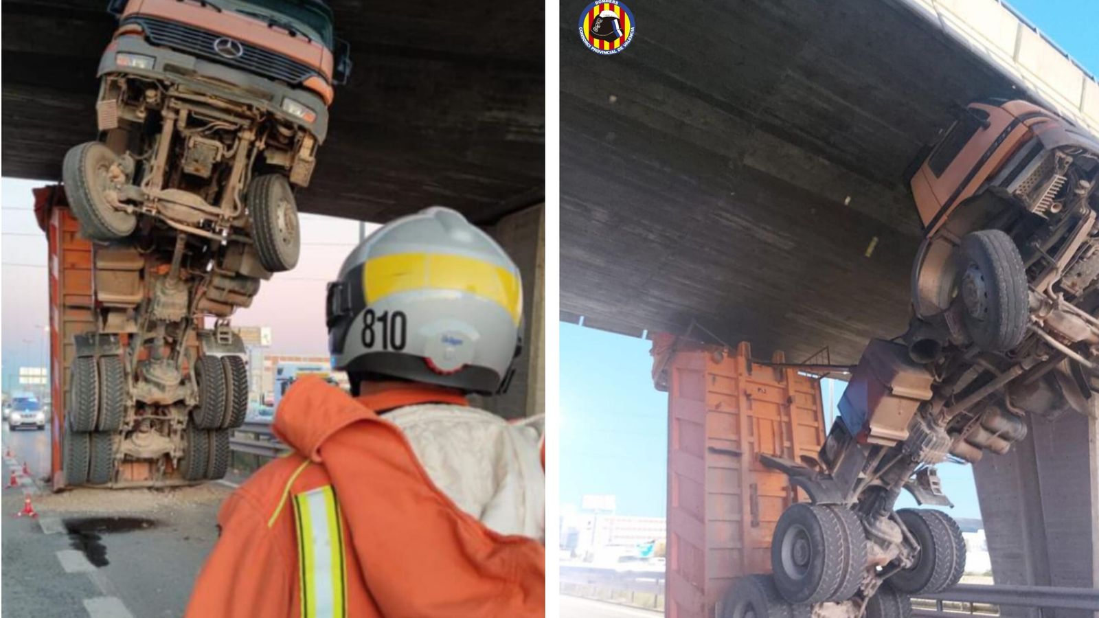 Espectaculars imatges dels rescat d'un conductor d'un camió en l'A-3