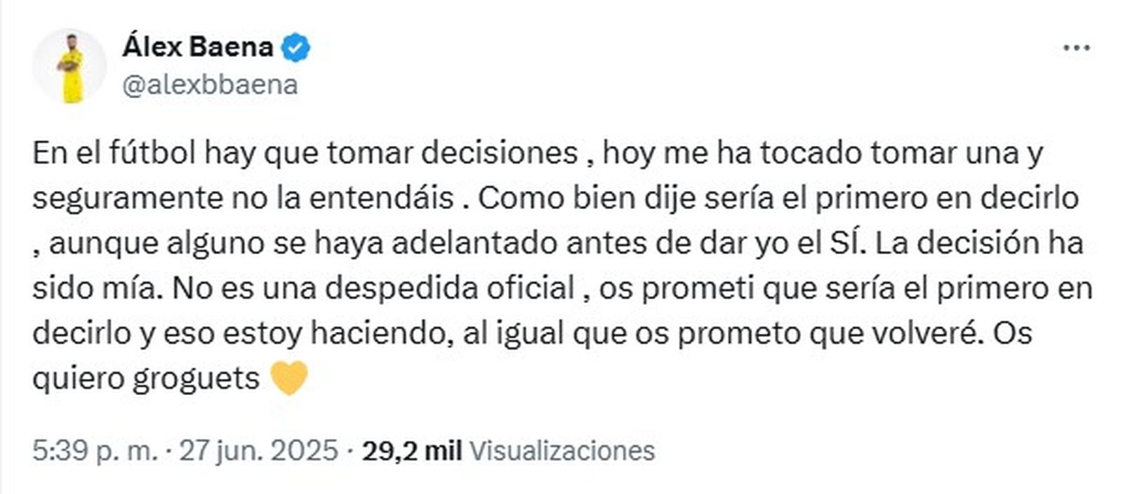 Tuit de comiat d'Álex Baena