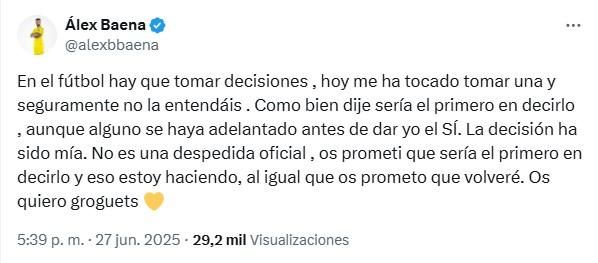Tuit de comiat d'Álex Baena Tuit de comiat d'Álex Baena