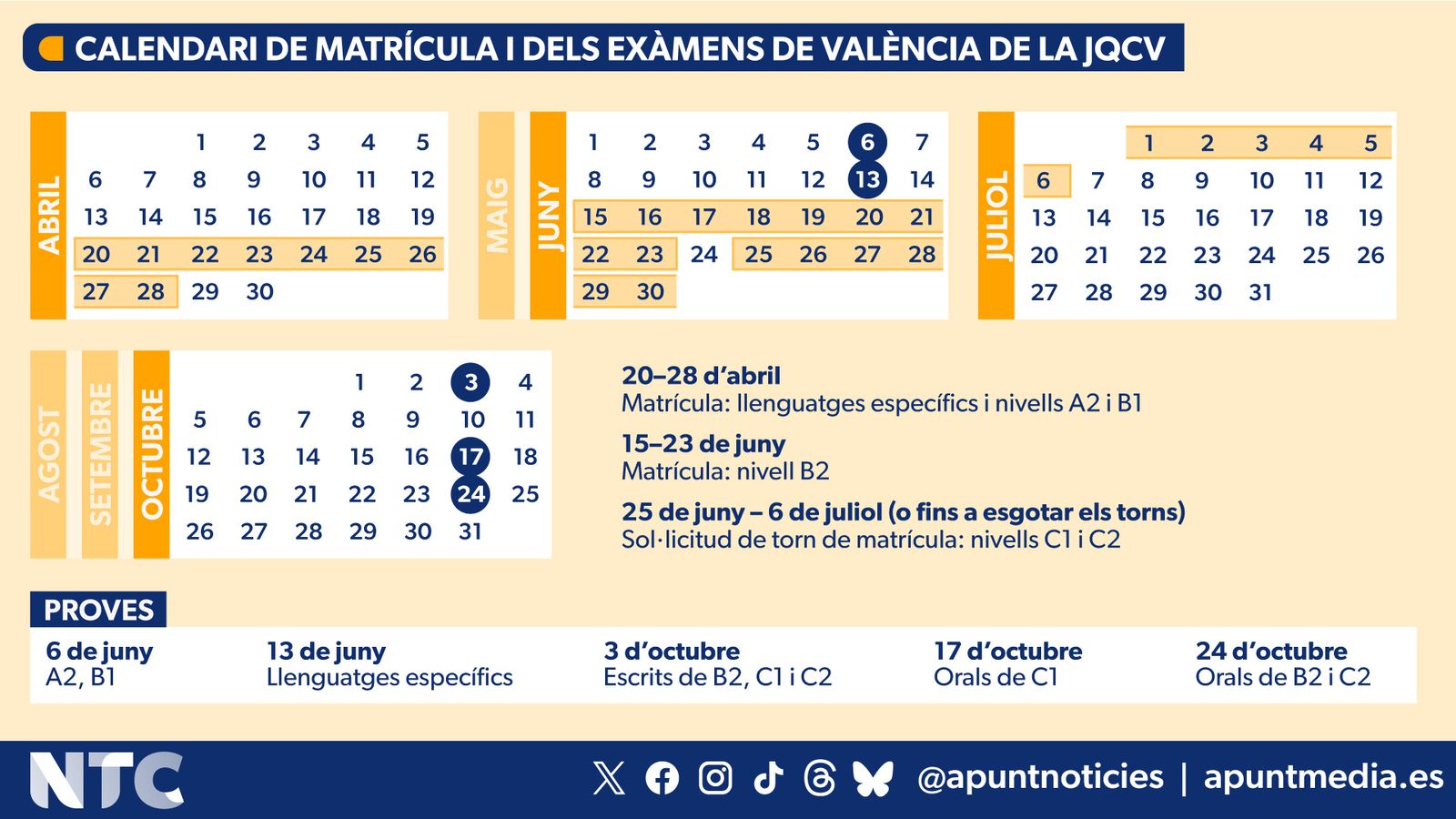 Calendari de matrícula i dels exàmens de valencià de la JQCV
