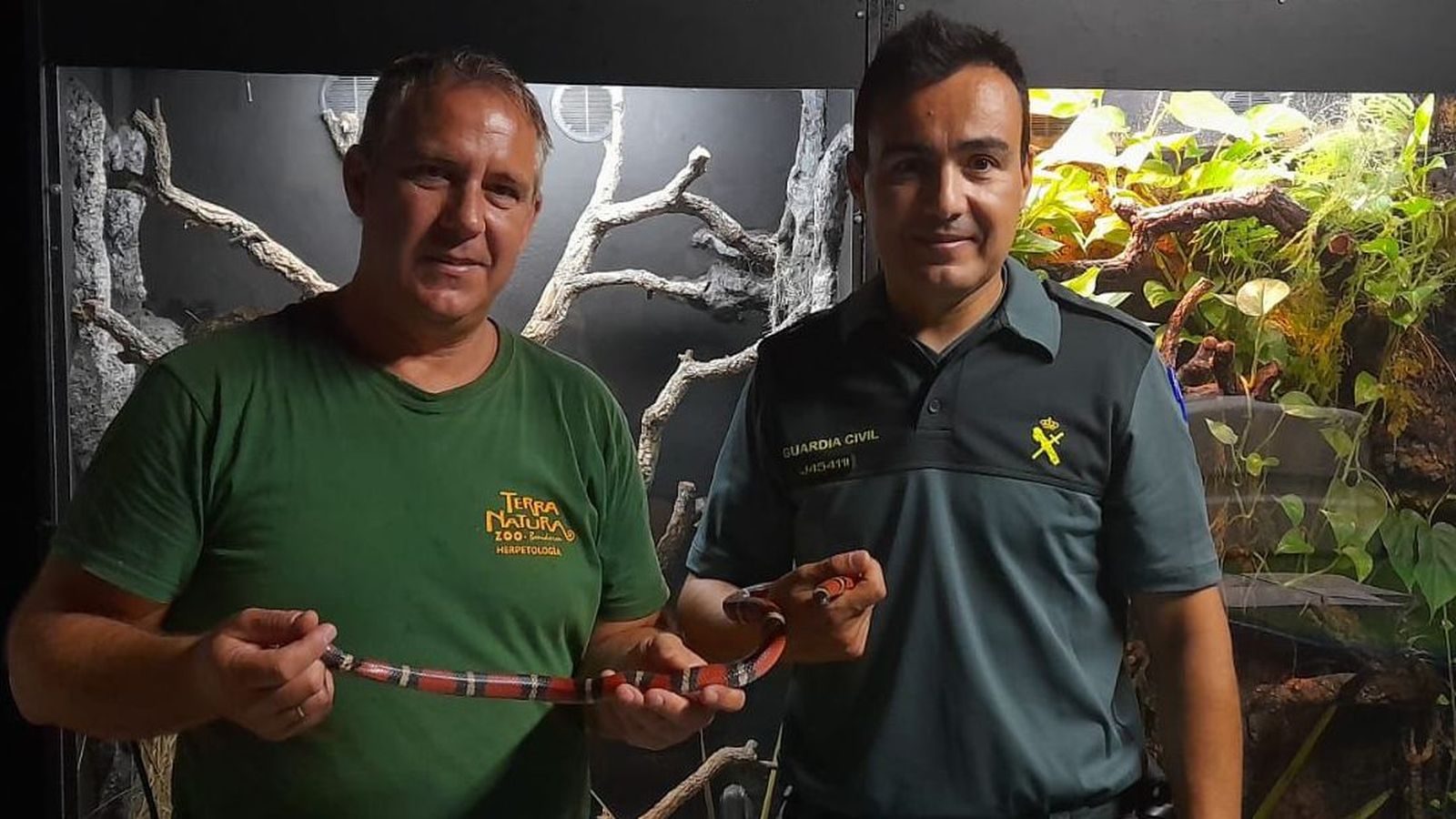 Un expert en herpetologia de Terra Natura de Benidorm i un agent del Seprona amb la serp rescatada de la vivenda de Massanassa