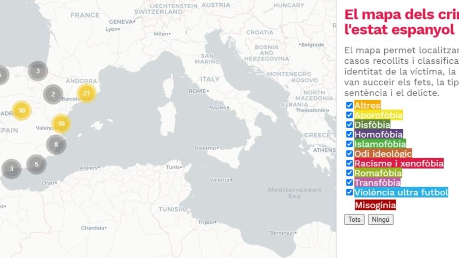 Un mapa recull les víctimes dels crims d'odi a Espanya entre 1990 i 2020