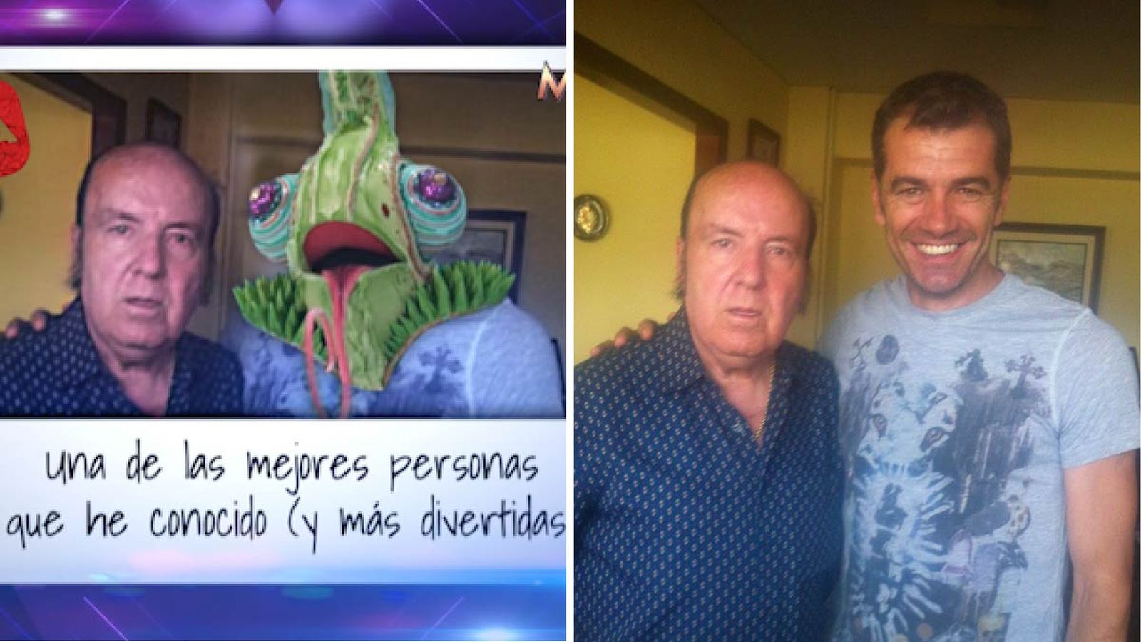 A l'esquerra, la imatge que va publicar el programa a Twitter, a la dreta, la foto dels usuaris que van identificar que sota la màscara de camaleó es trobava Toni Cantó