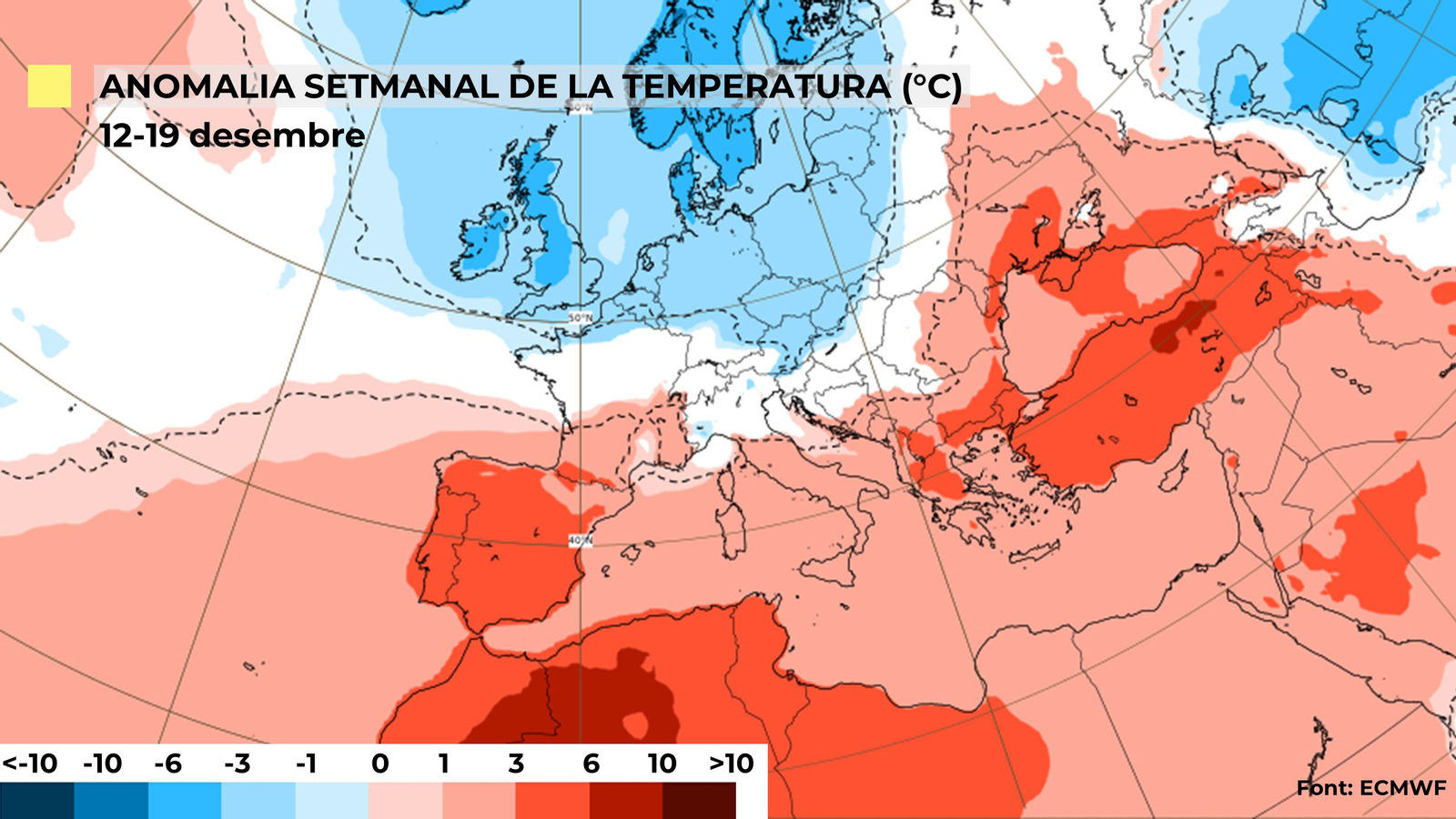 Anomalia de la temperautura setmanal, del 12 al 19 de desembre