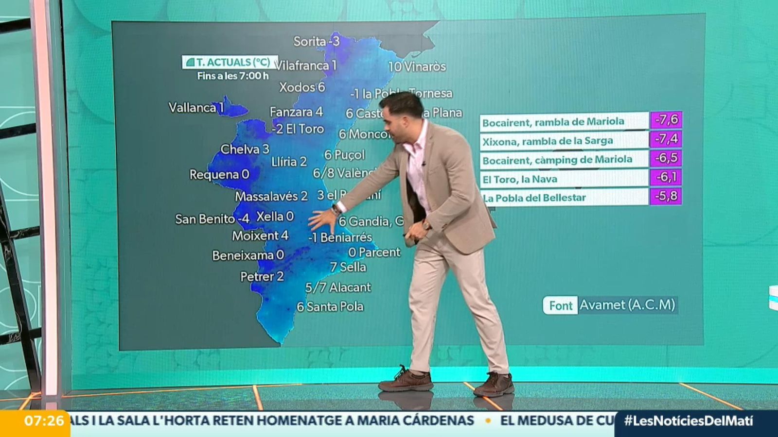 Ls temperatures mínimes fins les 7 de matí de divendres