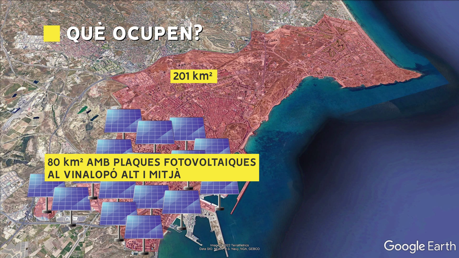 Comparativa de l'extensió de plaques fotovoltaiques en tramitació a l'Alt Vinalopó i Vinalopó Mitjà i la del terme municipal de la ciutat d'Alacant