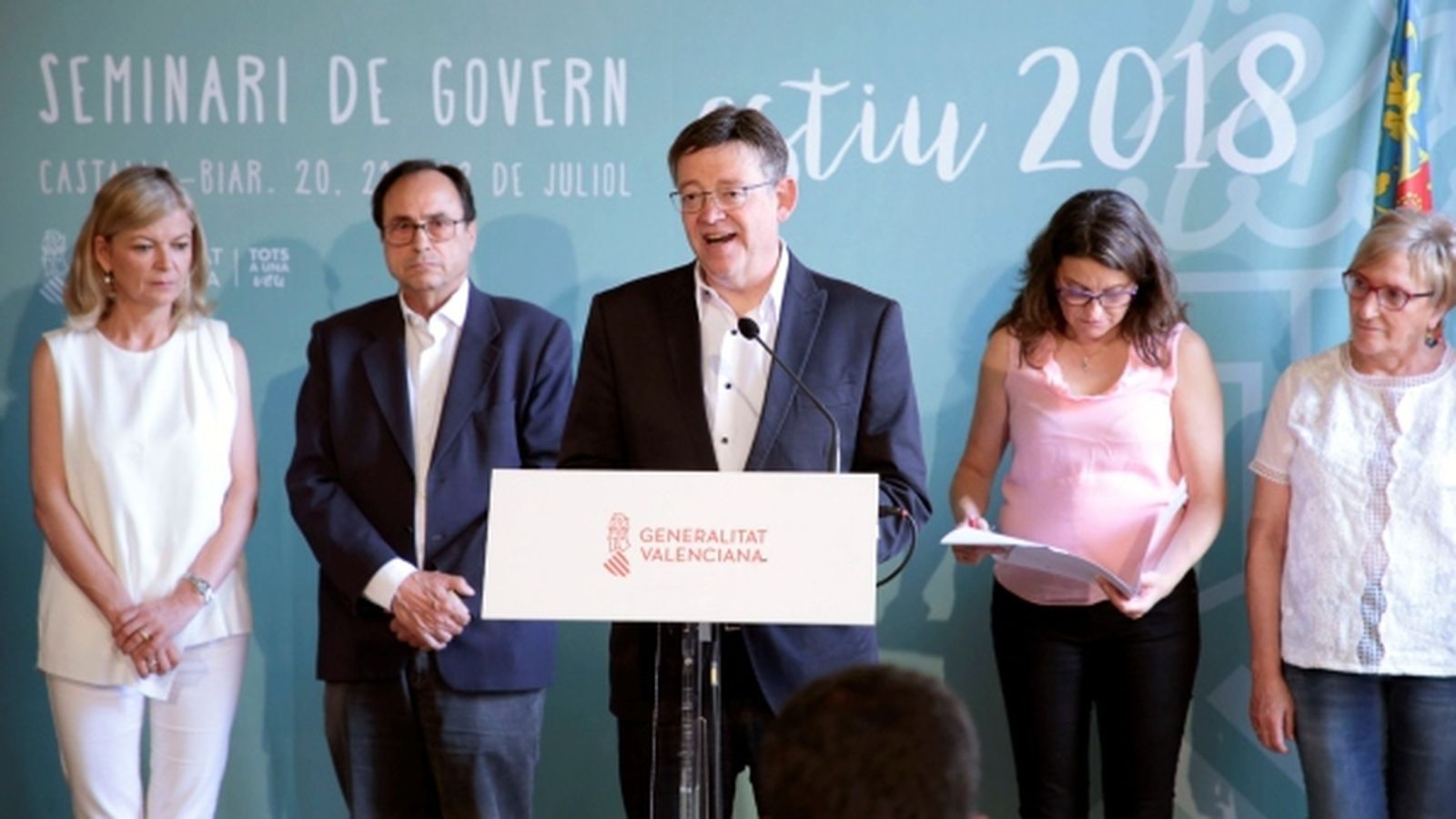 Ximo Puig (centre), presenta el nou pla d'objectius del Consell per al pròxim semestre.