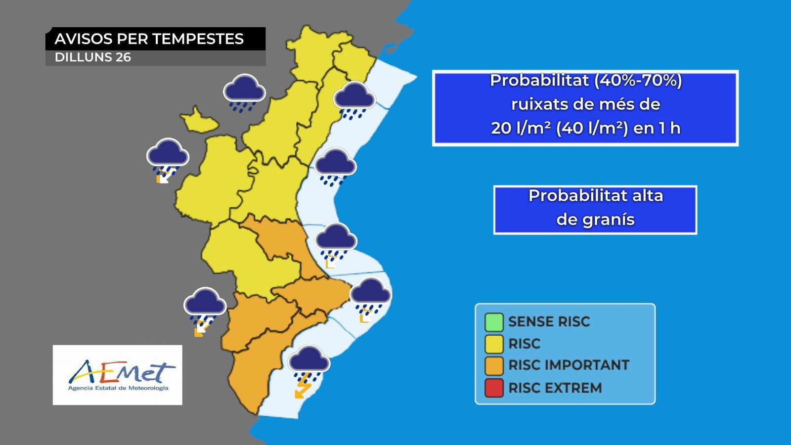 Mapa d'avisos per a aquest dilluns, 26 de juliol