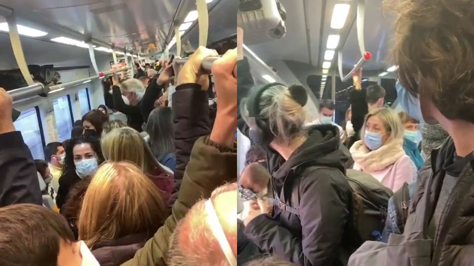 Un vagó plen de viatgers a primera hora del matí d'aquest dijous 9 de desembre en el trajecte entre Gandia i València Nord