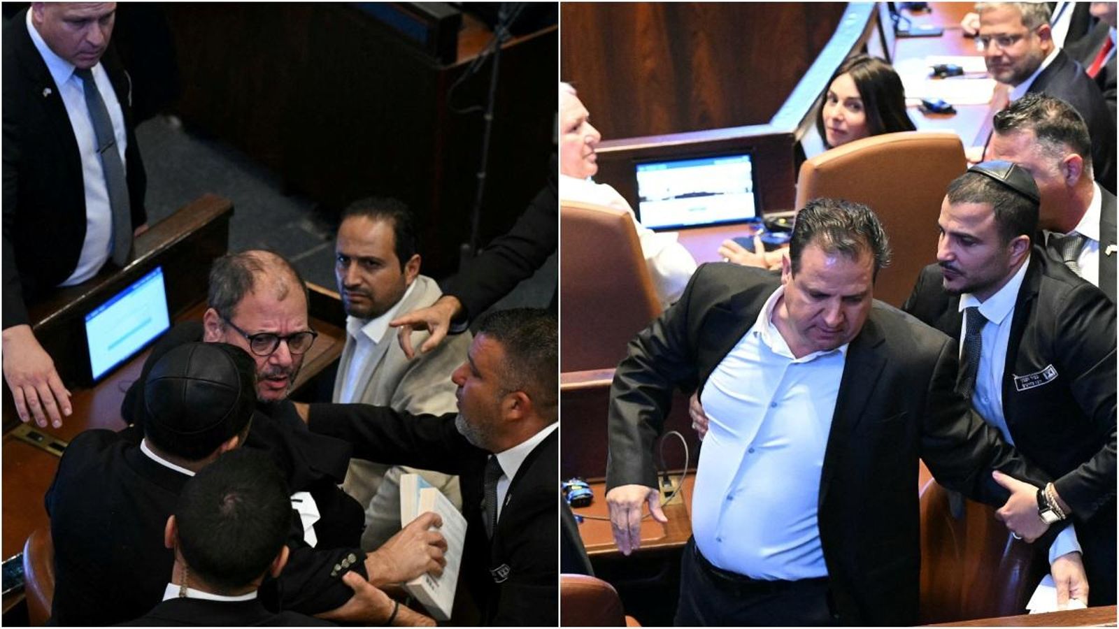 En imatge, els parlamentaris de la coalició àrab-jueva Hadash Taal expulsats de la Knesset per interrompre Trump