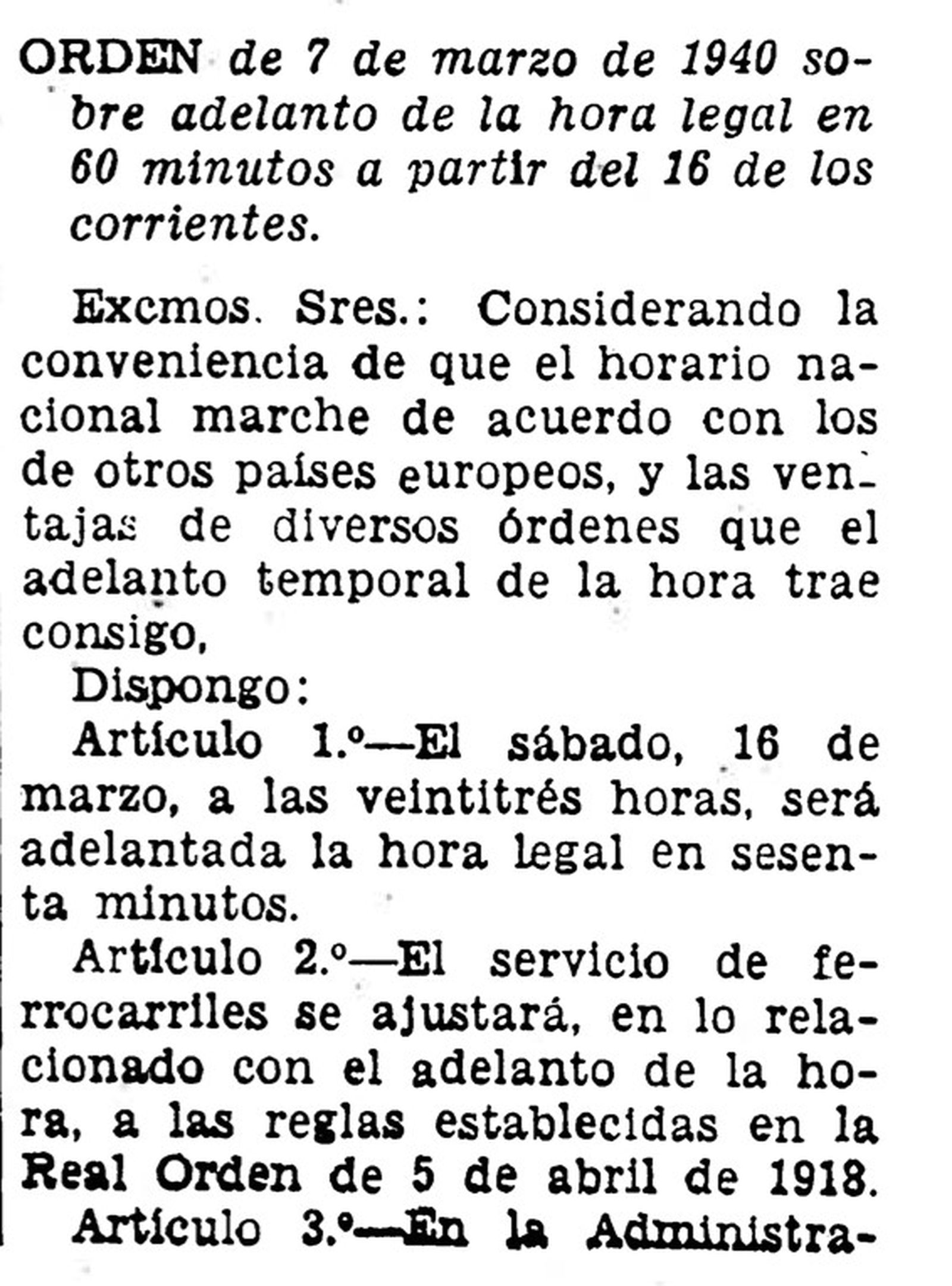 Retall del BOE de 1940 on s'anuncia el canvi de fus horari.