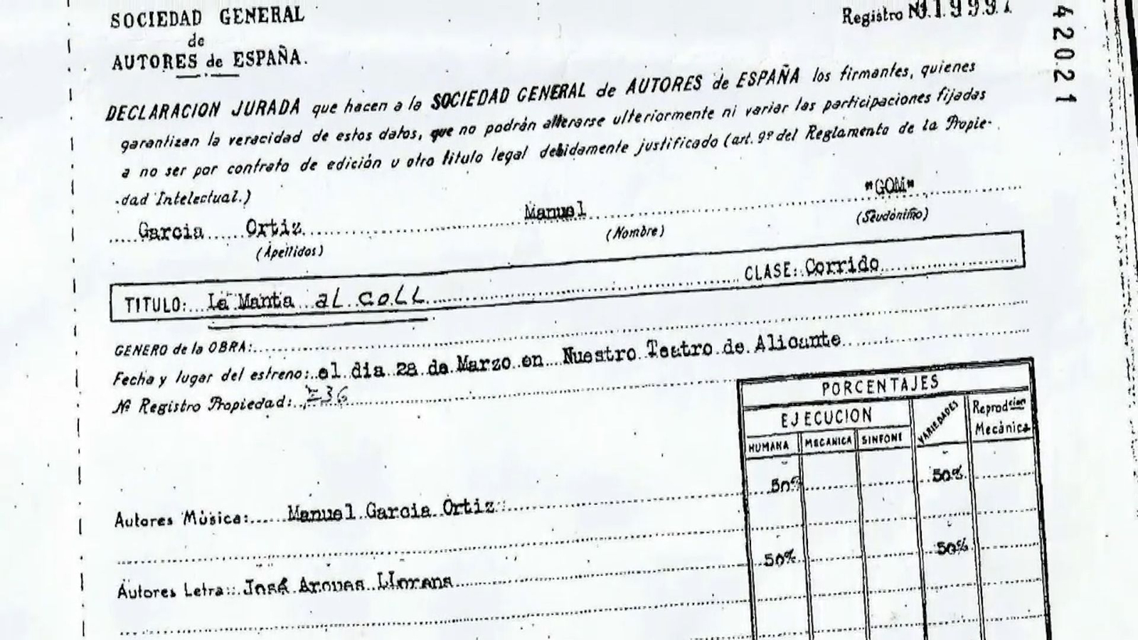 Documents que acrediten el registre de 'La manta al coll' a la SGAE
