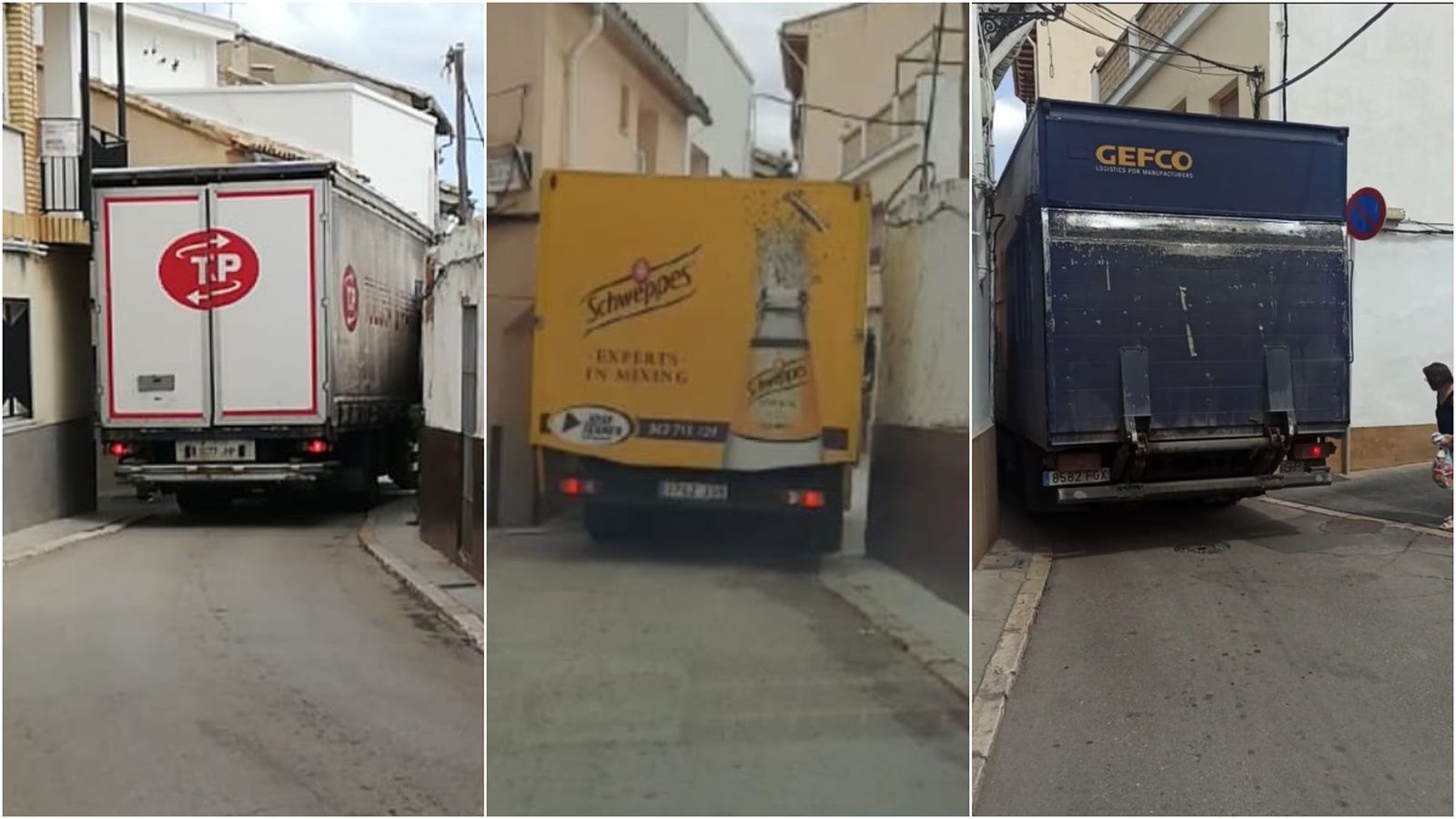 Imatges de camions encaixonats al nucli històric de Xiva compartides pel veïnat a les xarxes socials