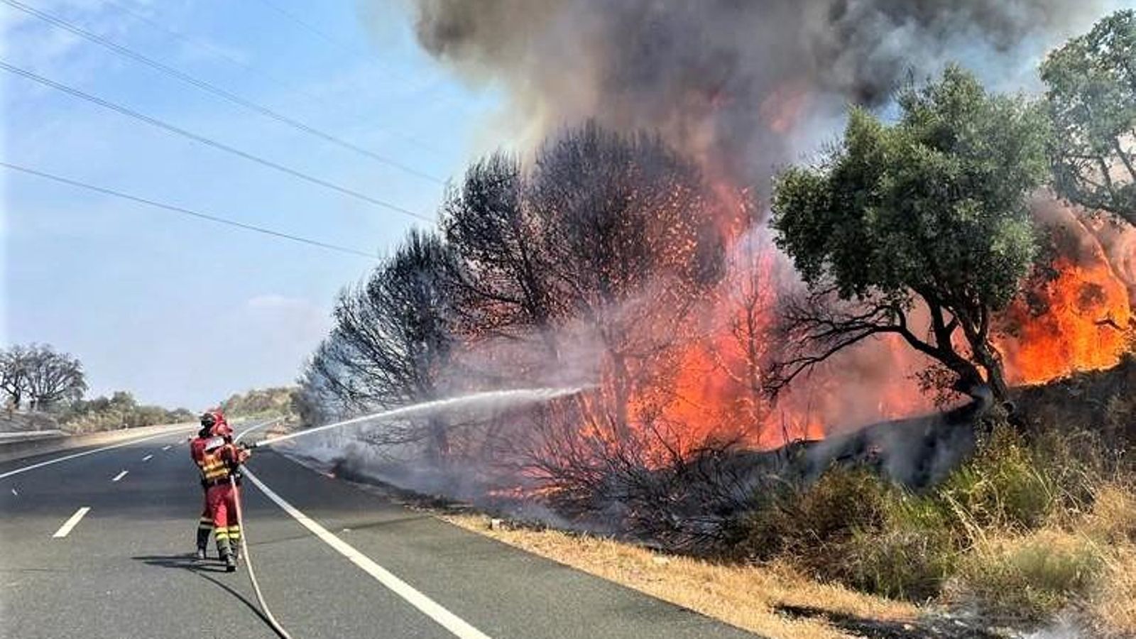 Un agent de l'UME treballa en les tasques d'extinció de l'incendi forestal de Casas de Miravete (Càceres)