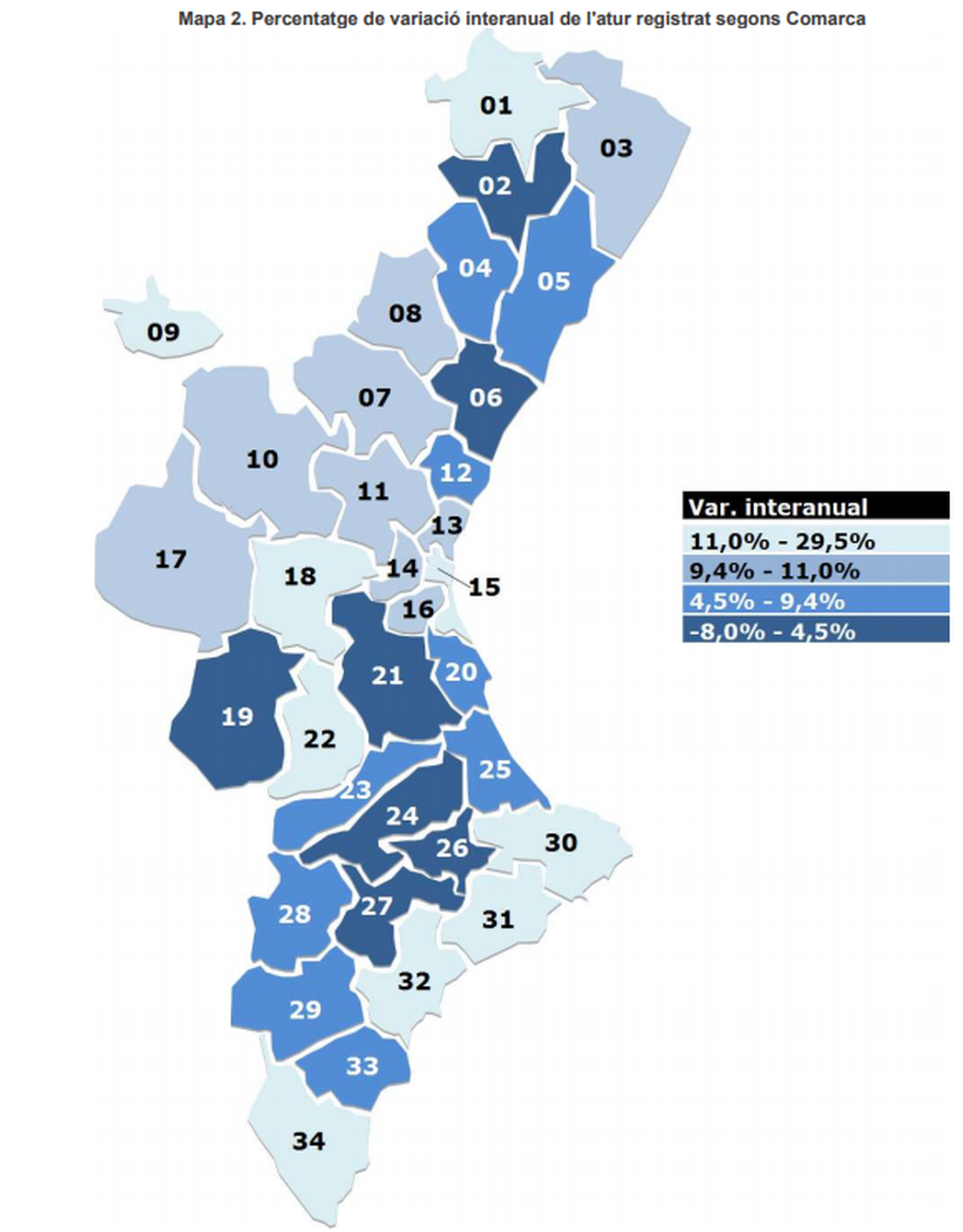 Variació interanual de l'atur per comarques