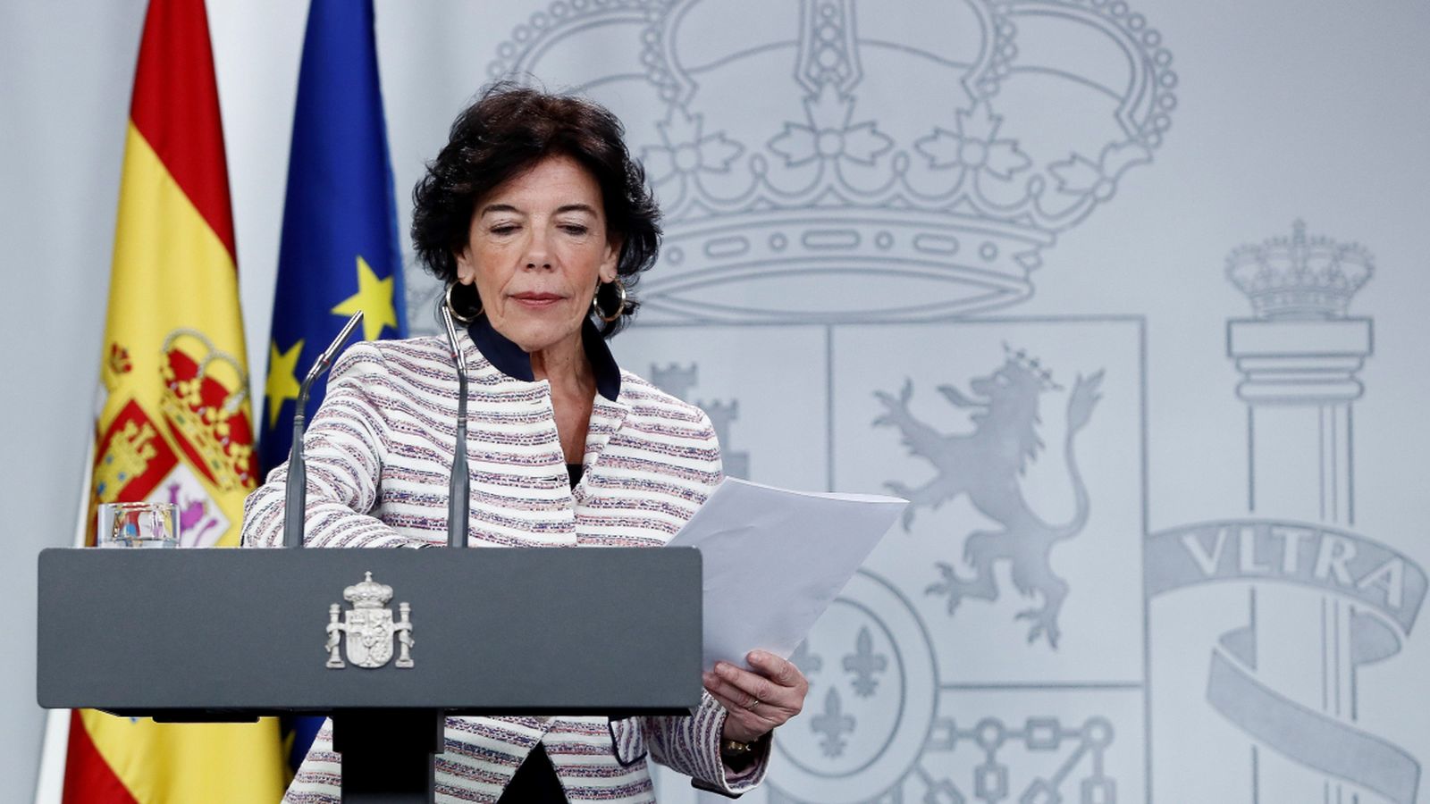 Isabel Celaá, durant la roda de premsa oferida al Palau de la Moncloa