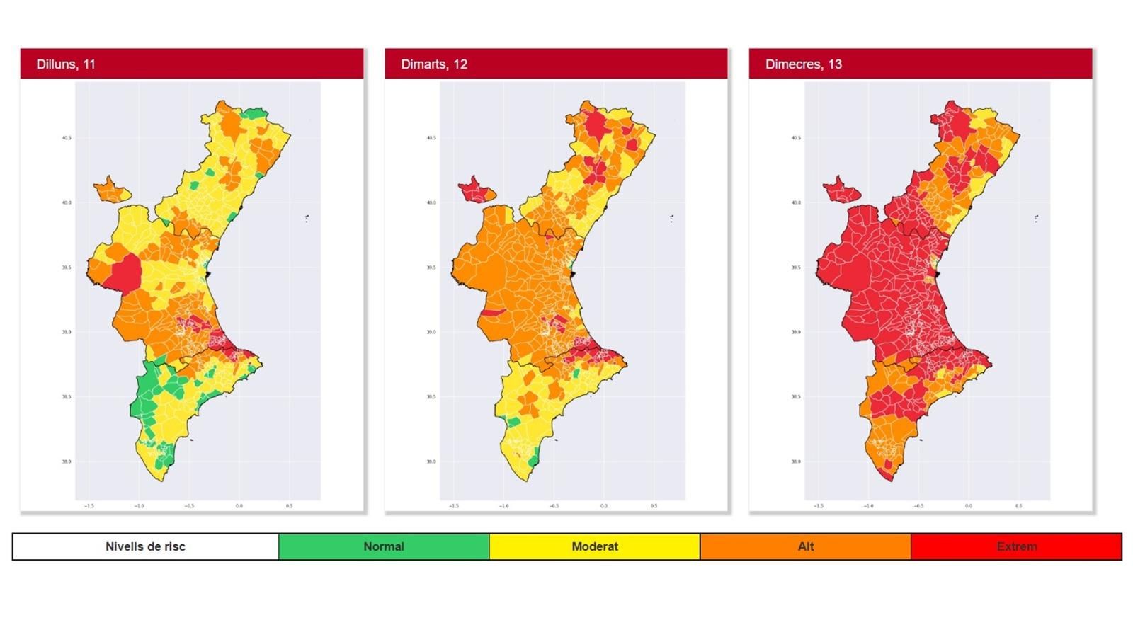 Evolució de les altes temperatures: en taronja i roig els nivells d'alerta alt i extrem respectivament