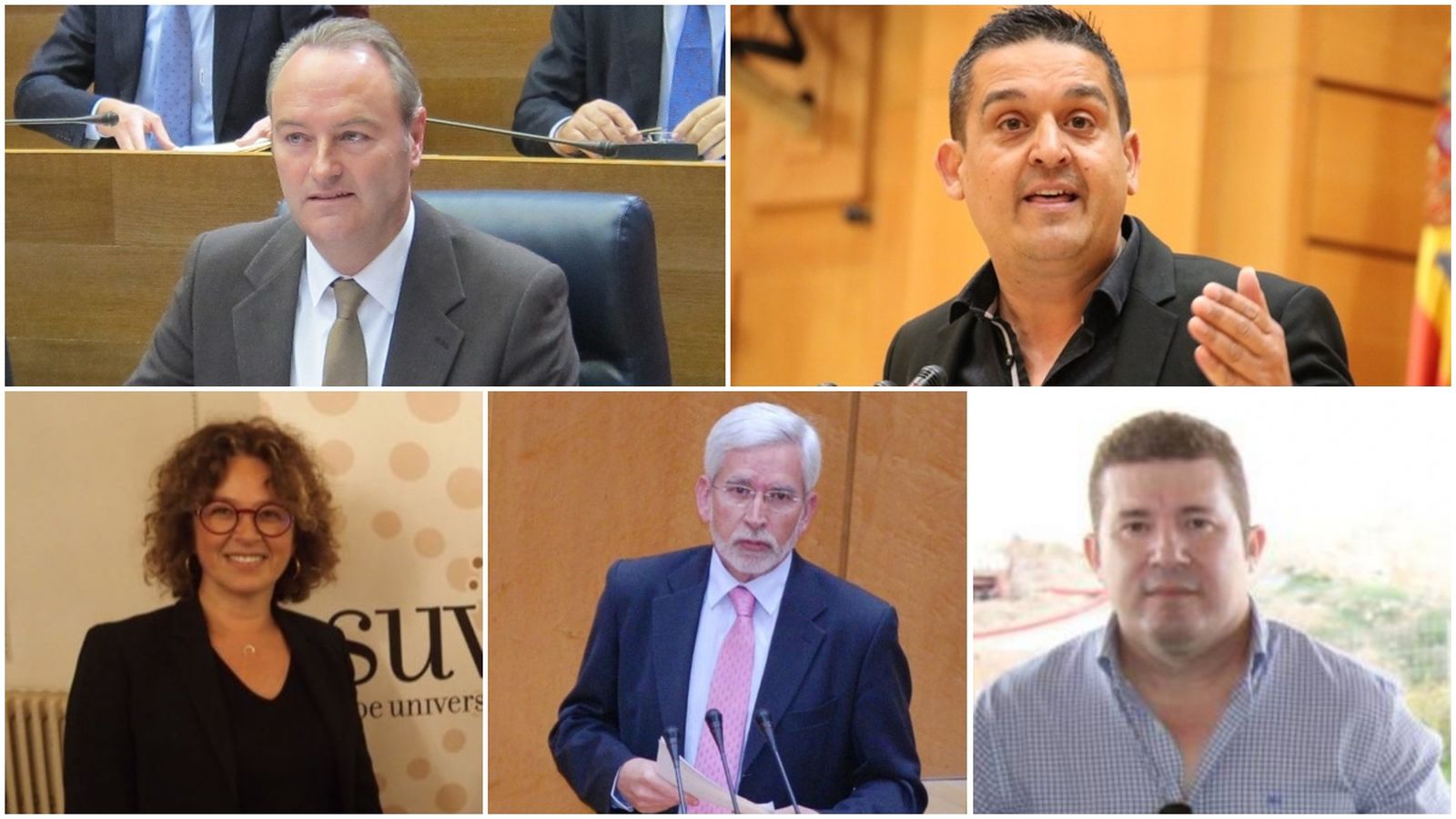 D'esquerra a dreta i de dalt a baix: Alberto Fabra (PP), Carles Mulet (Compromís), Josefina Bueno (PSPV), Joan Lerma (PSPV) i Emilio Argüeso (Cs).