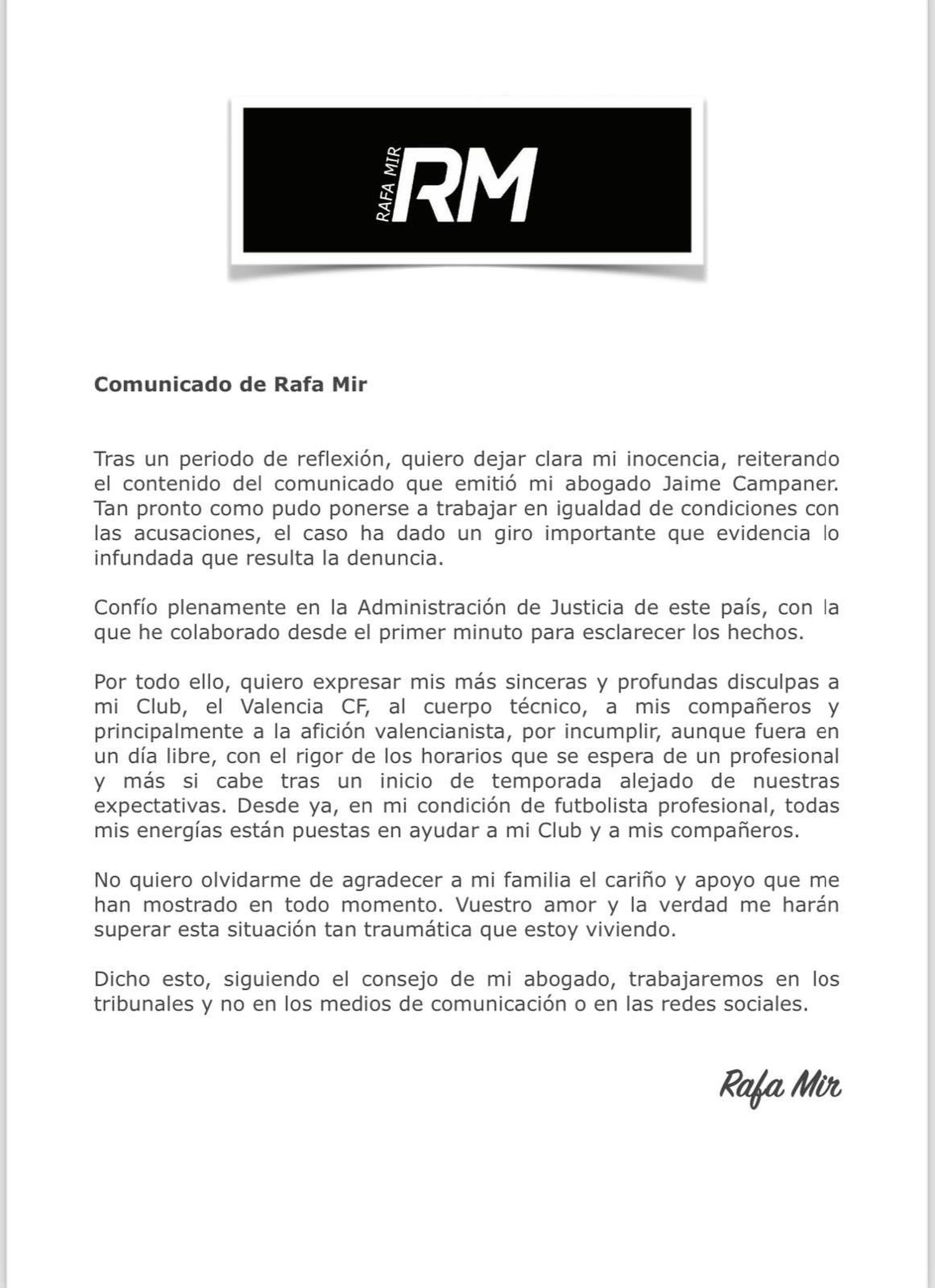 Imatge del comunicat de Rafa Mir
