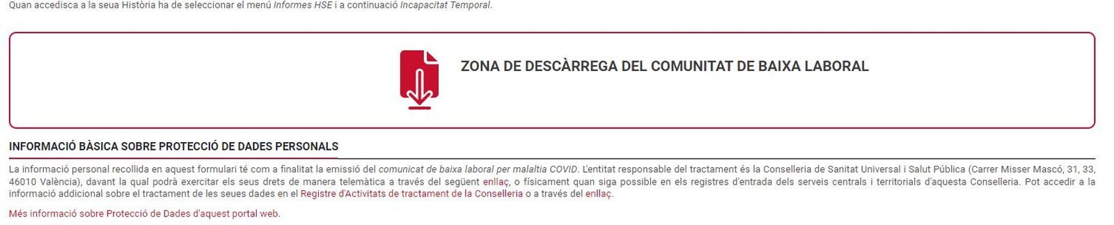 Zona de descàrrega del comunicat de baixa