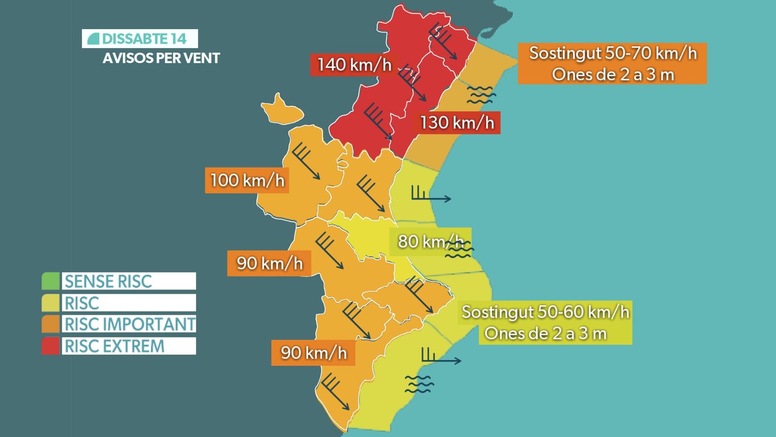 Mapa d'avisos per a este dissabte, 14 de febrer