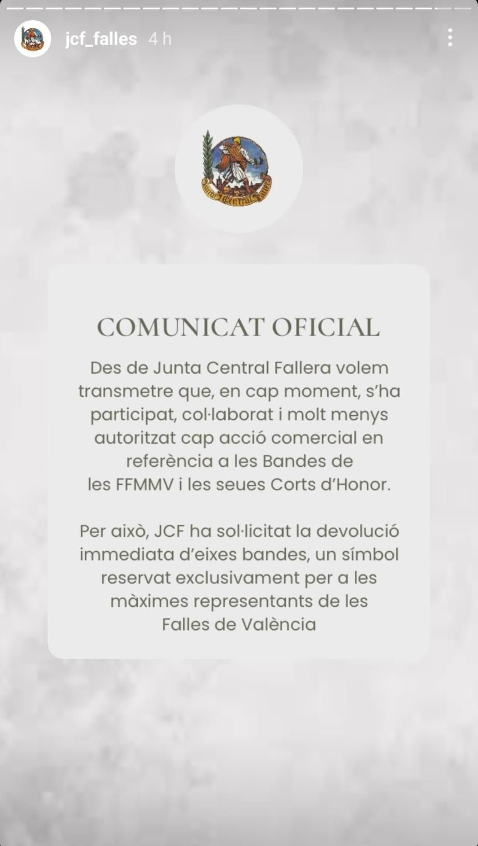 Comunicat de Junta Central Fallera per la polèmica de les bandes