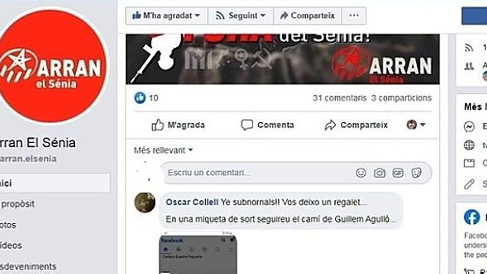 Captura de pantalla del missatge de l'edil del PP a la pàgina d'Arran de la Sénia en Facebook
