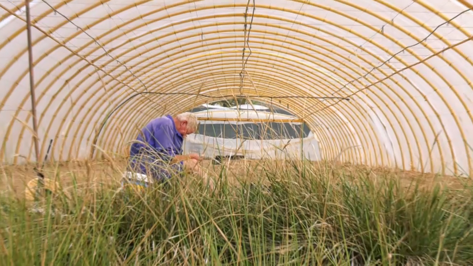 Un llaurador col·loca el sistema de reg a una plantació