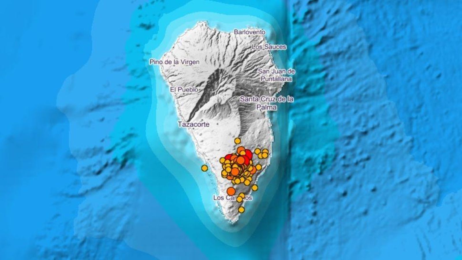 Localització dels terratrémols dels últims tres dies a l'illa de la Palma