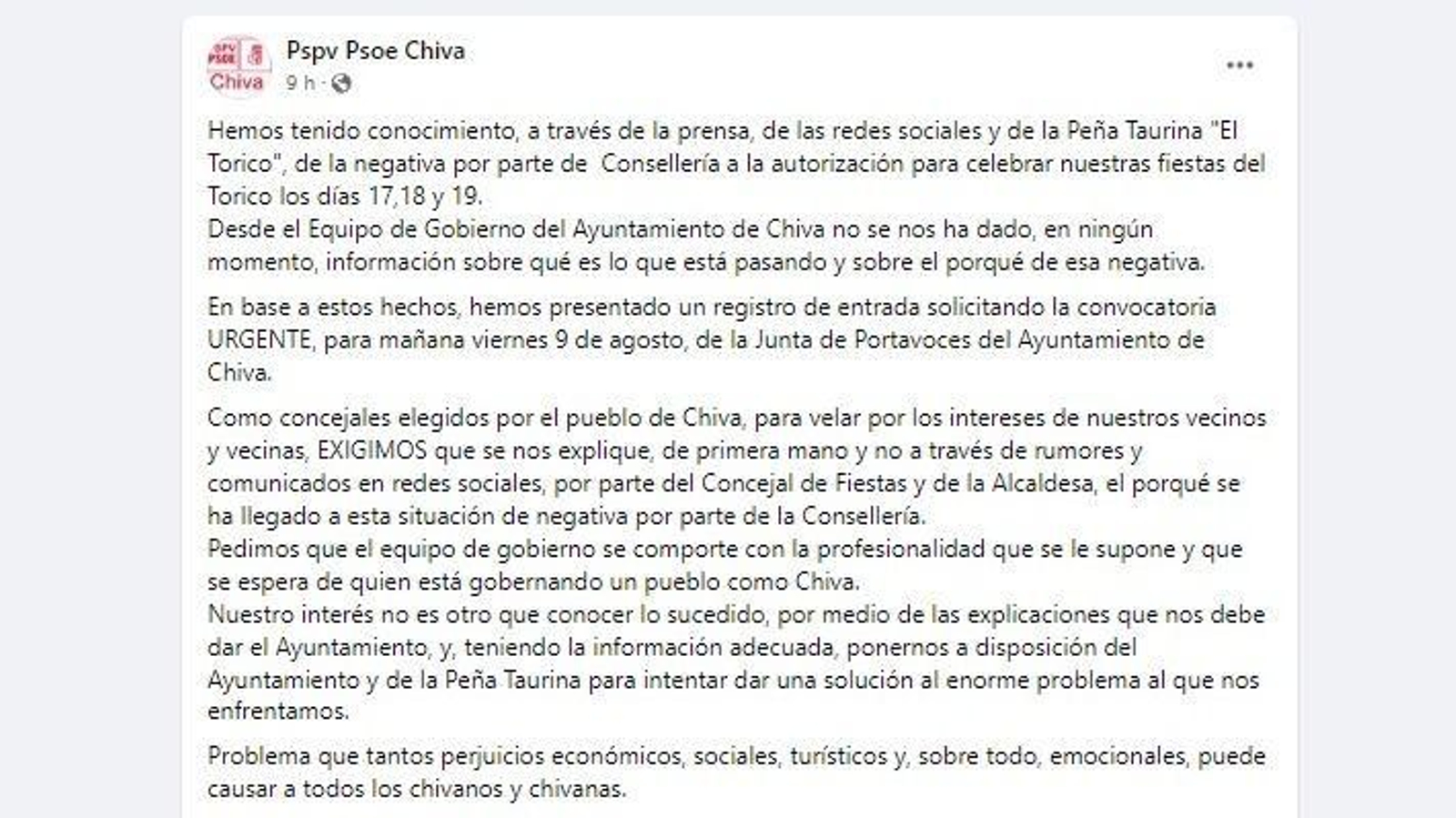 Part del comunicat que va compartir el Pspv de Xiva en les xarxes socials, en què reclamava la convocatòria d'una Junta de Portaveus