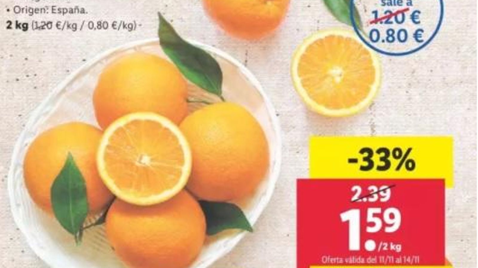 Cartell de preu de la varietat Navelina al supermercat LIDL