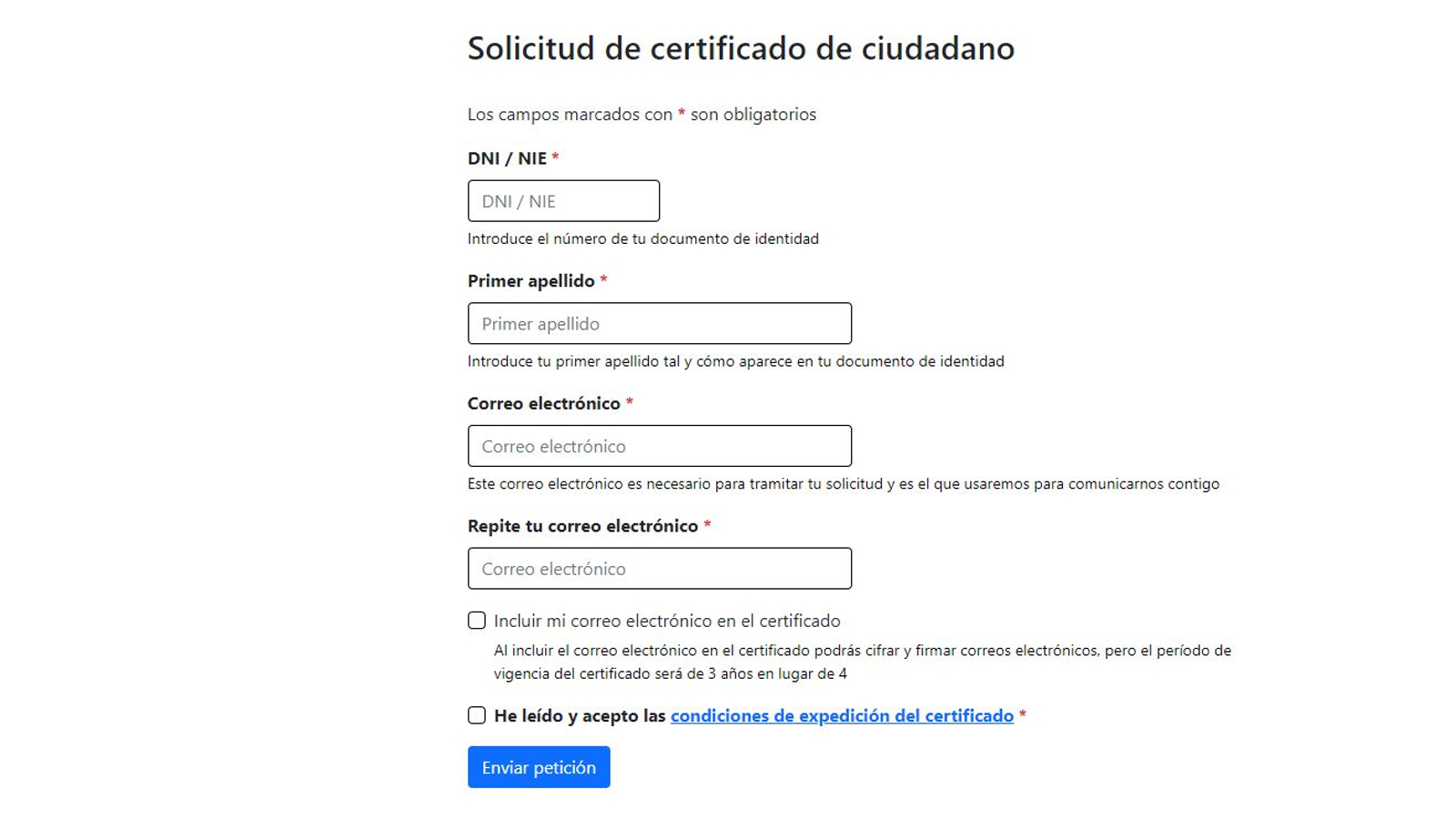 Captura del formulari que cal omplir per a demanar a distància el certificat electrònic