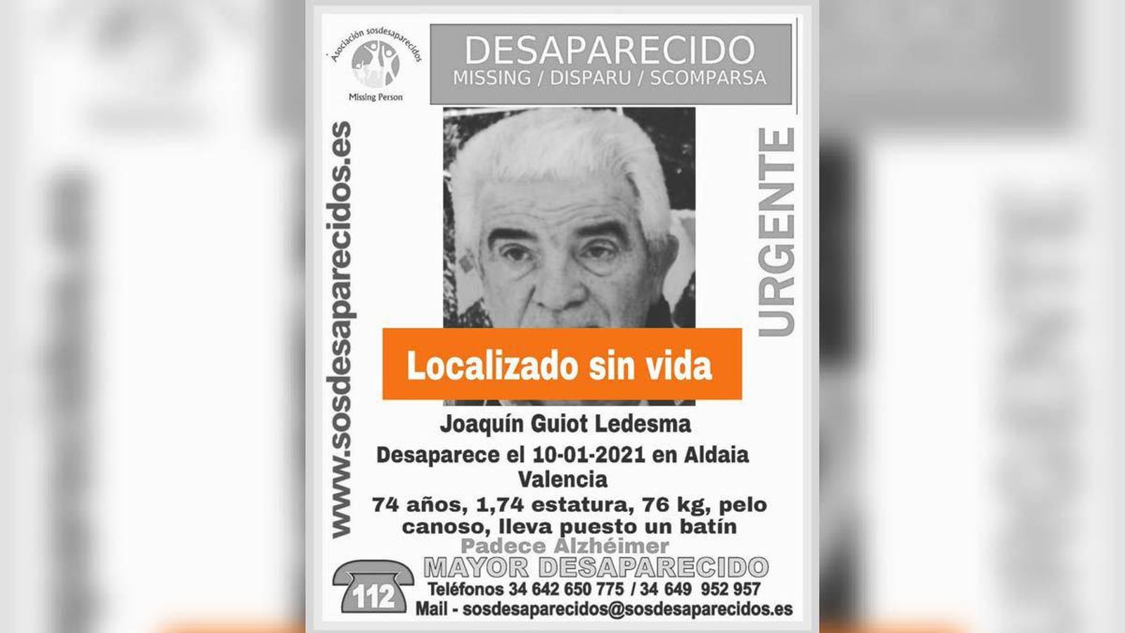 Localitzen el cadàver del veí d'Aldaia desaparegut el 10 de gener