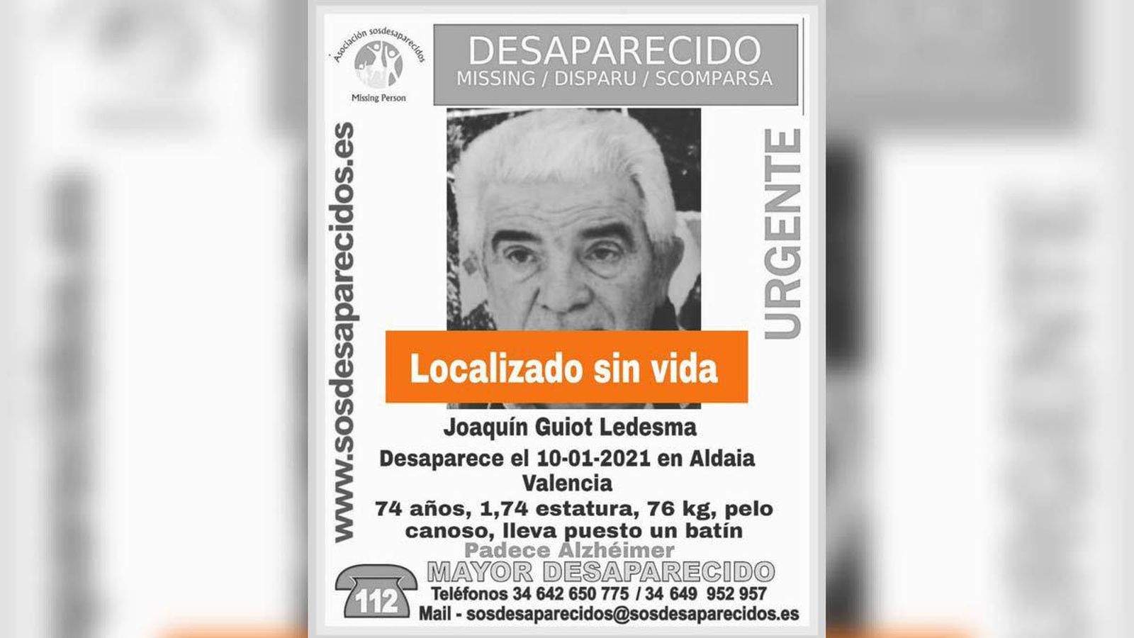 Localitzen el cadàver del veí d'Aldaia desaparegut el 10 de gener Localitzen el cadàver del veí d'Aldaia desaparegut el 10 de gener