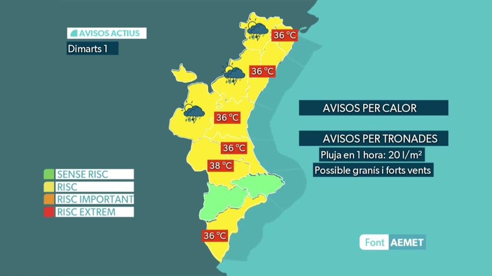 En imatge, els avisos actius este dimarts