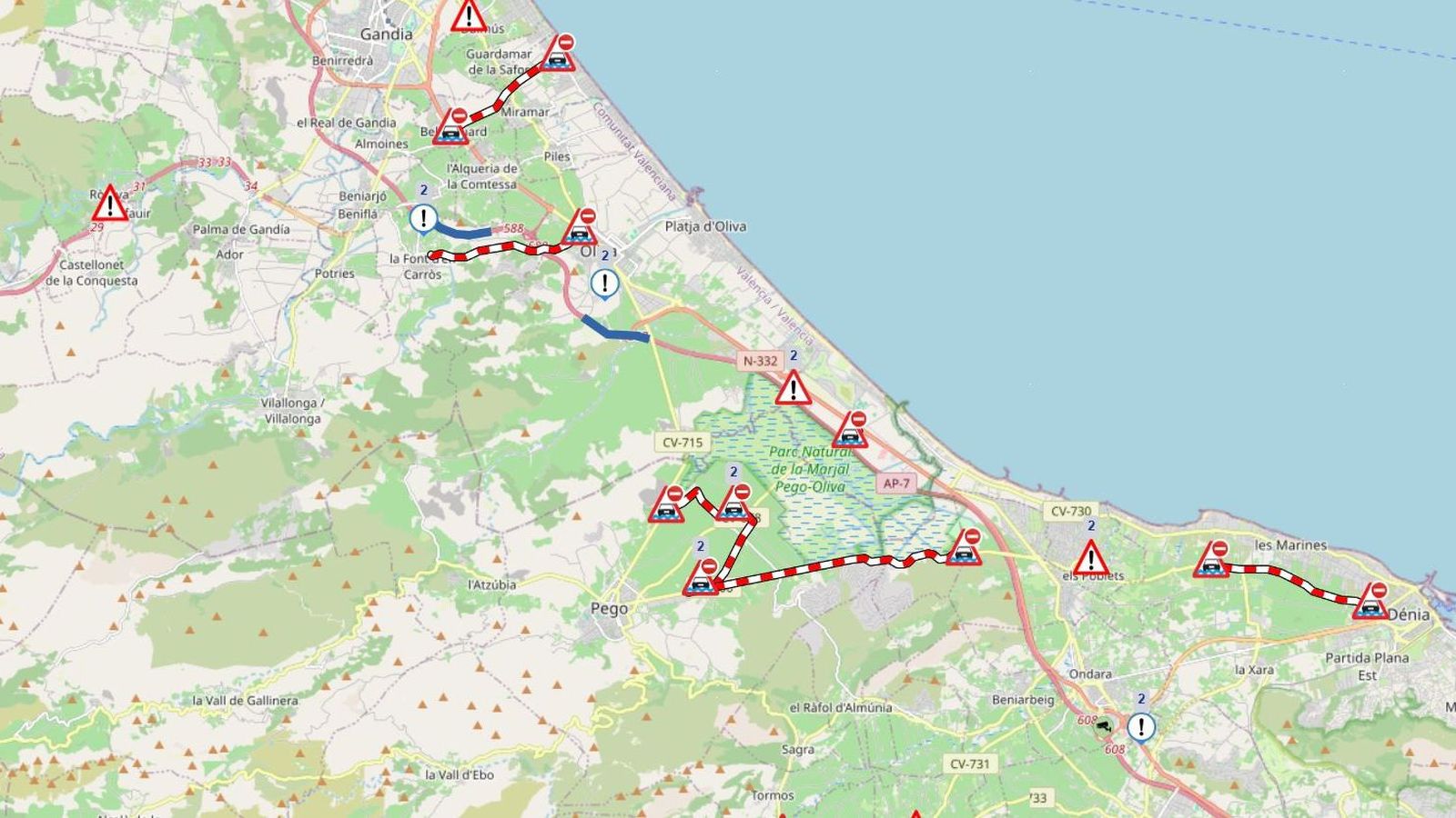 Mapa d'incidències de la DGT, d'este dimarts