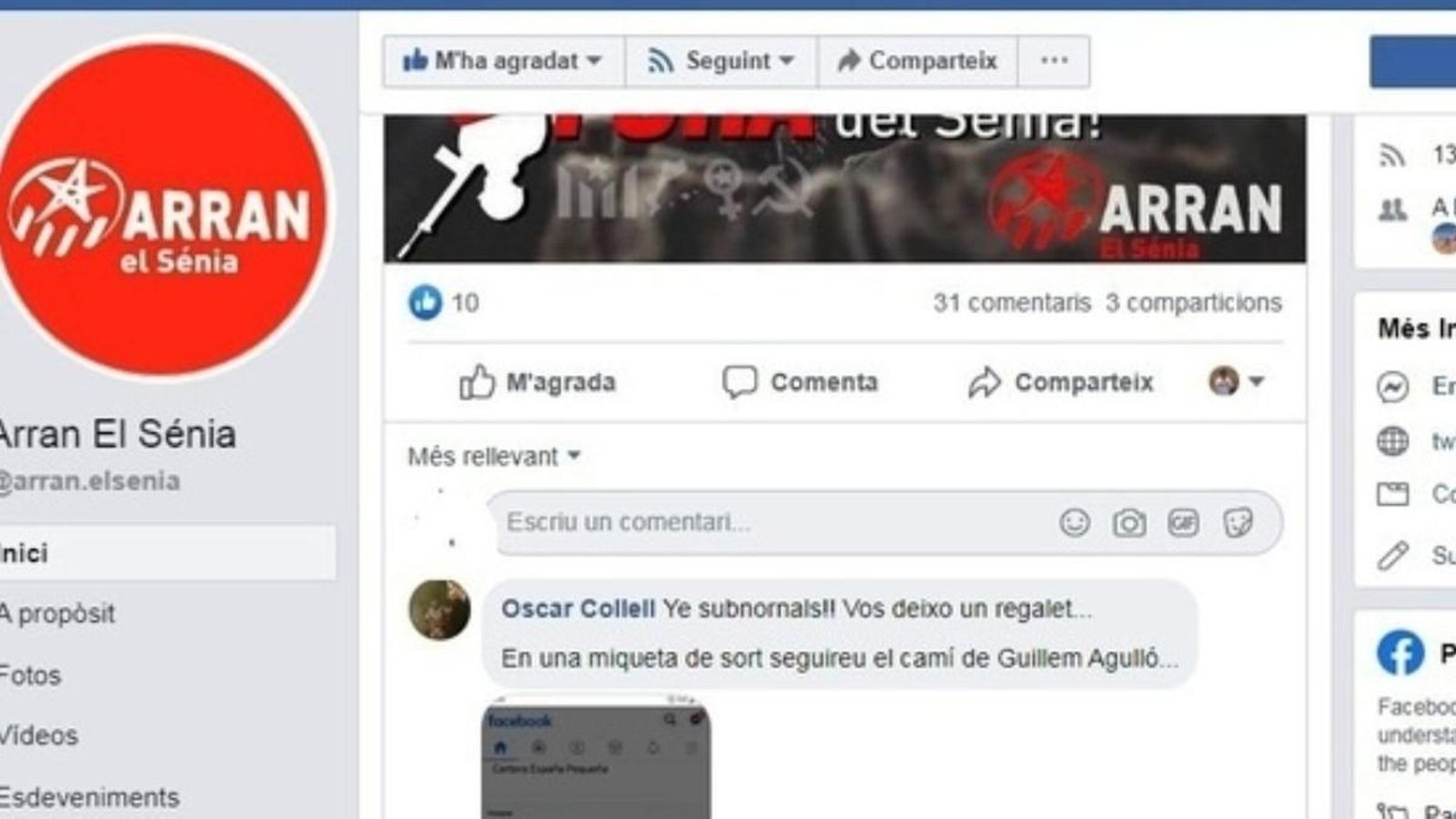 Captura de pantalla del missatge de l'edil del PP a la pàgina d'Arran de la Sénia en Facebook