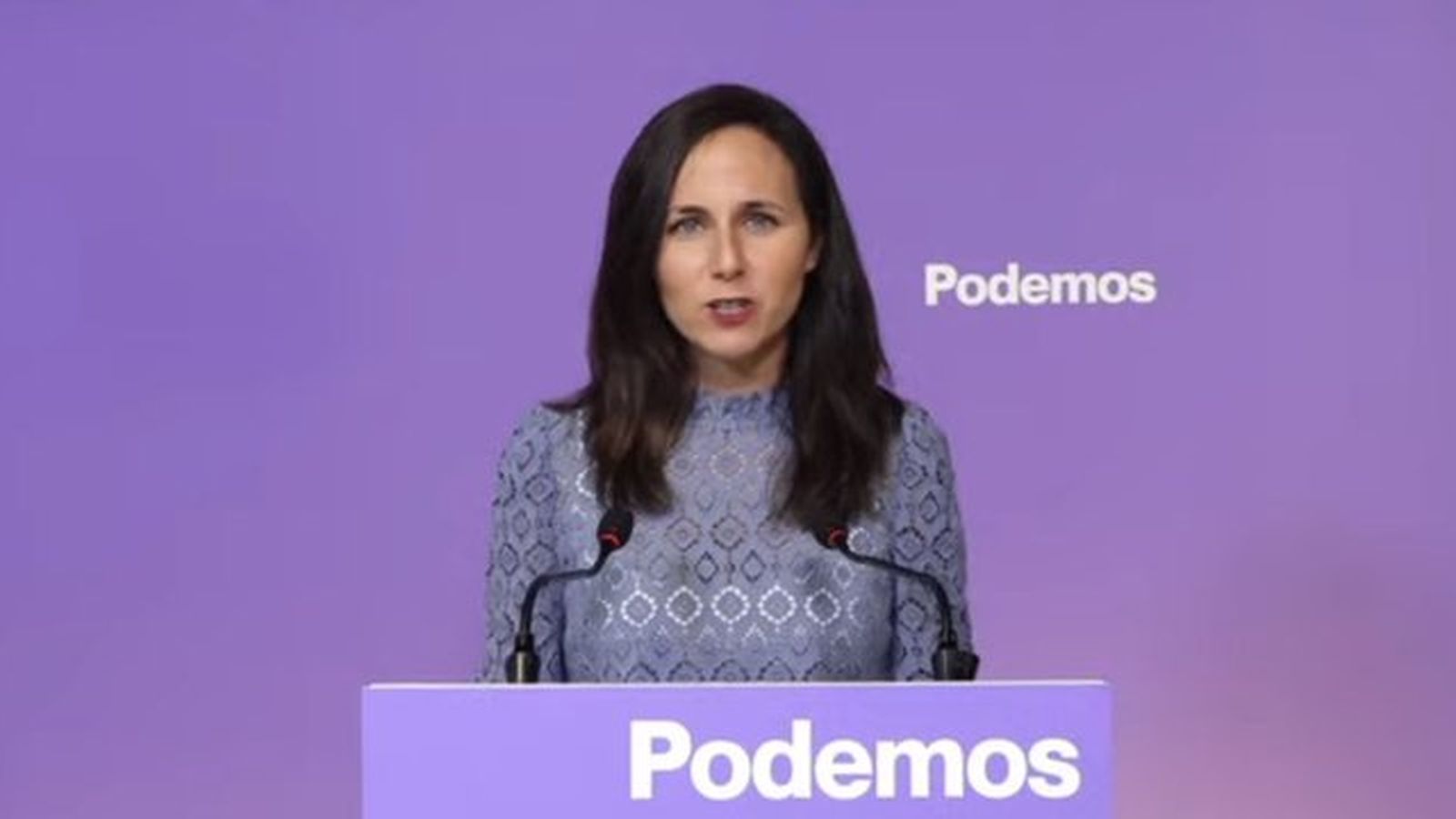 Ione Belarra en la declaració d'aquest divendres des de la seu de Podem