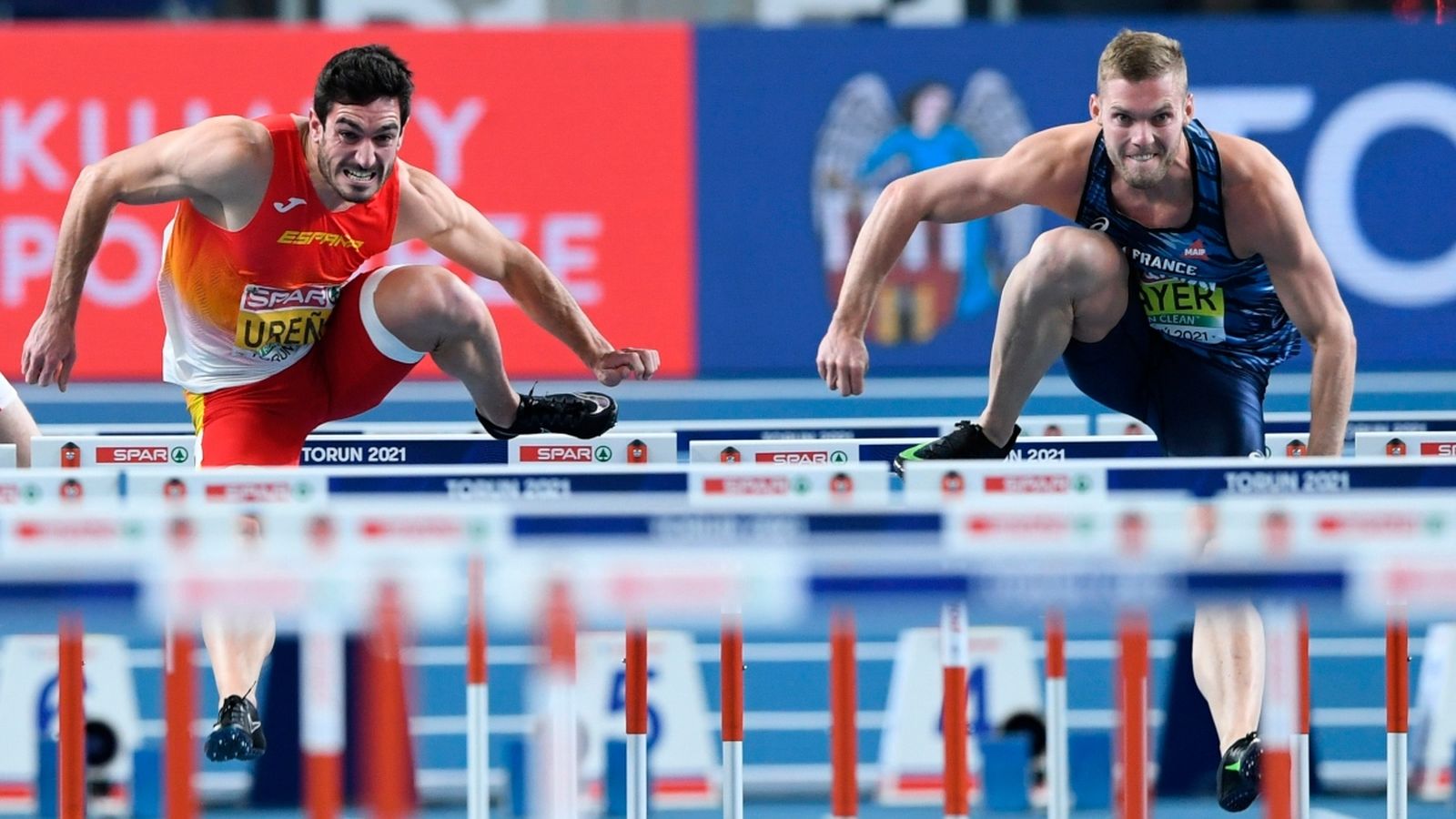 Jorge Ureña, durant la prova de 60 metres tranques, una de les set proves de l'heptatló