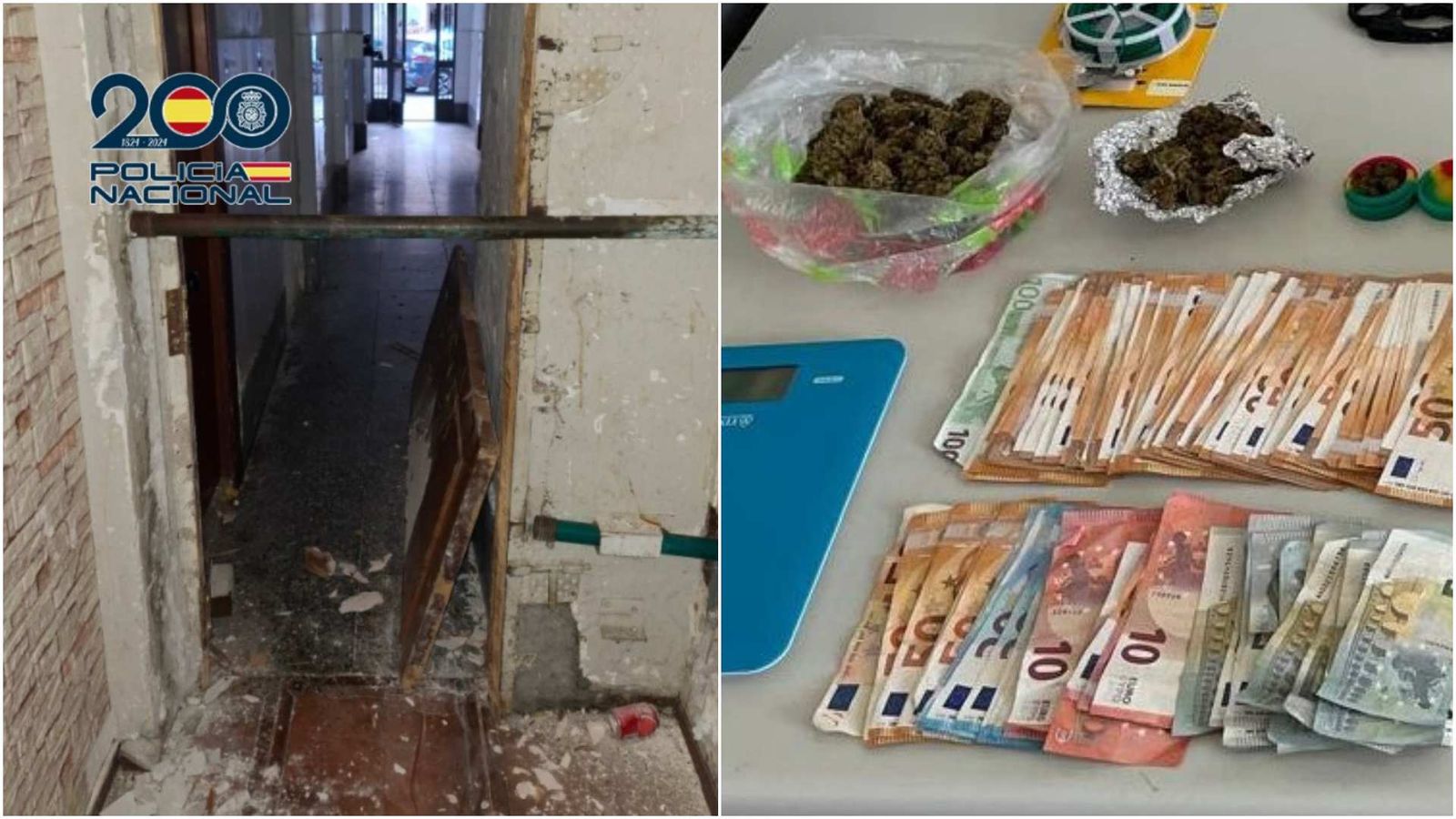 A l'esquerra, la porta reforçada que frenava l'accés a un dels pisos i a la dreta, detall de la droga i els diners incautats