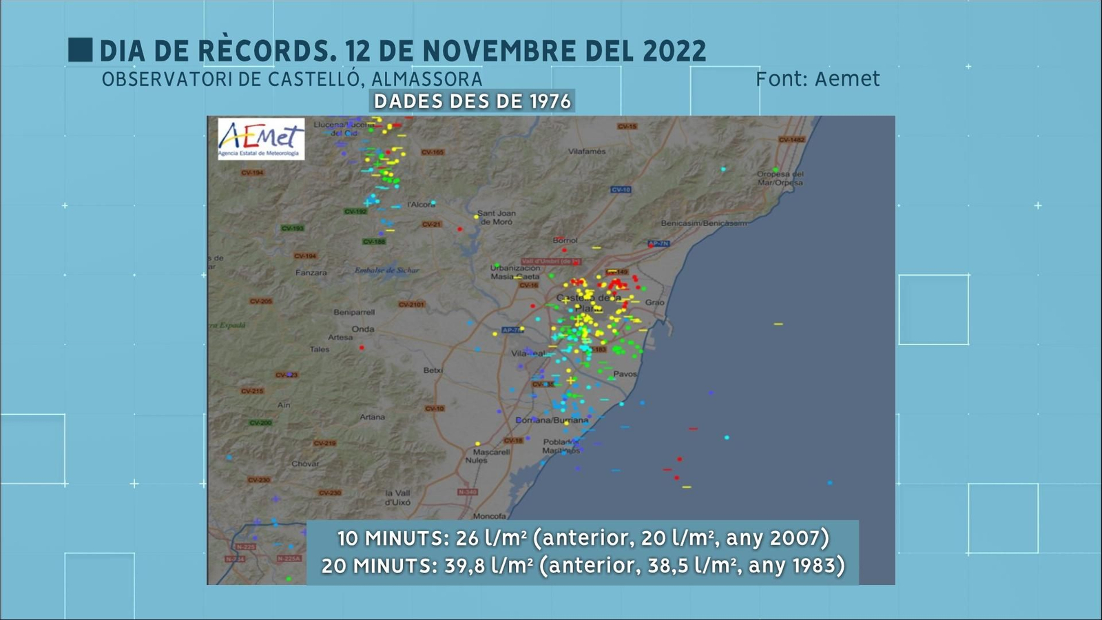 Mapa de llamps de la tronada que va causar el rècord de pluja de Castelló de la Plana