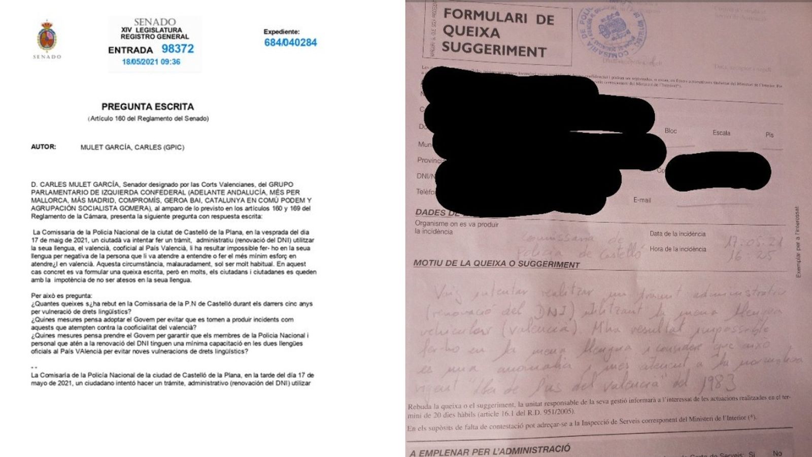 L'escrit amb la pregunta parlamentària acompanyat de la denúncia ciutadana que l'origina